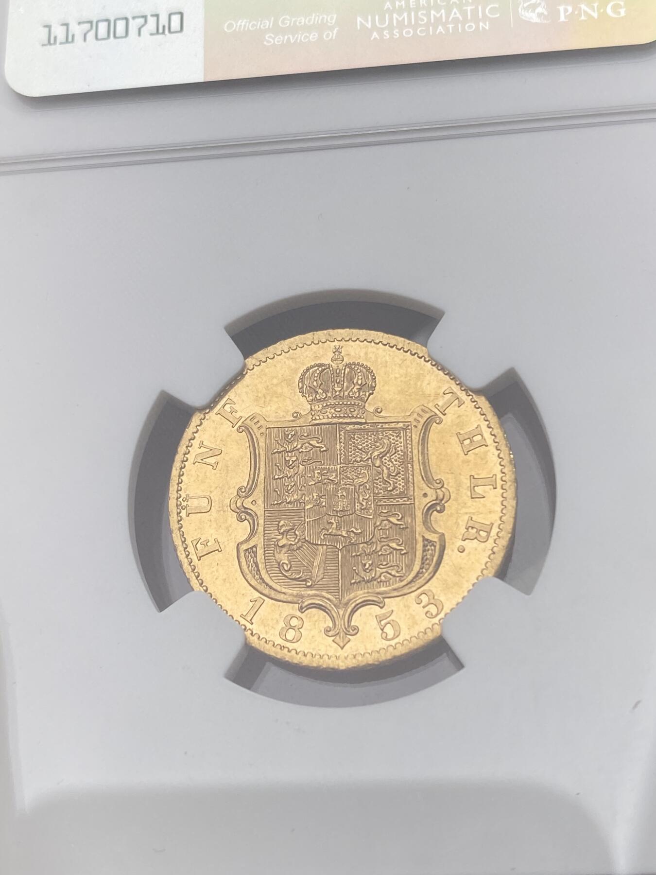 万国钱币拍卖第049期（万国夏季大拍） NGC MS63 1853年德国汉诺威乔治五世英式盾徽版5泰勒金币 国内首拍德系名品金5T 全深打转光品相 英式工艺登峰造极 更高分仅仅2枚