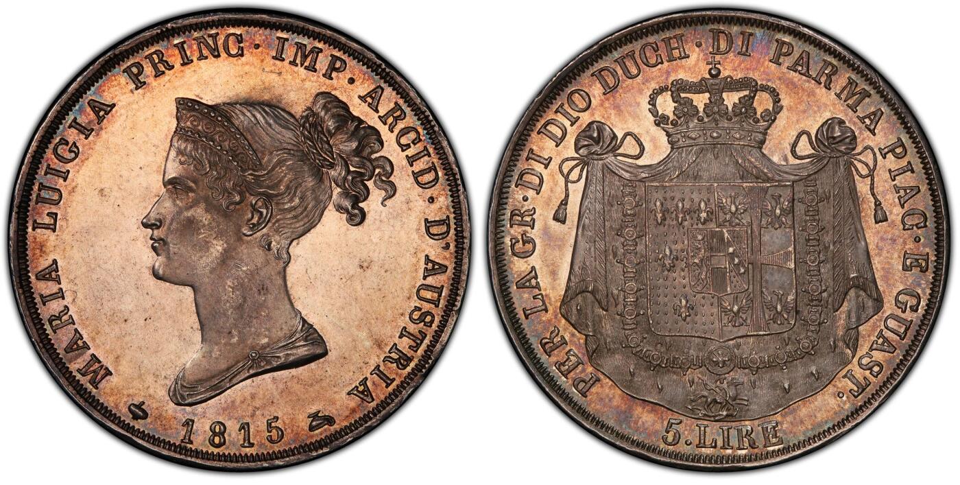 万国钱币拍卖第049期（万国夏季大拍） PCGS MS63PL 1815意大利帕尔马5里拉银币 正面帕尔马女大公是拿皇的妻子玛丽亚·路易斯，背面帕尔马纹章繁复华丽，好品极其难得的意系大银，国际市场广受欢迎品种，获得PL评分的更是凤毛麟角，均匀一色的玫瑰彩包浆搭配类镜面质感的底板，典藏级品质。