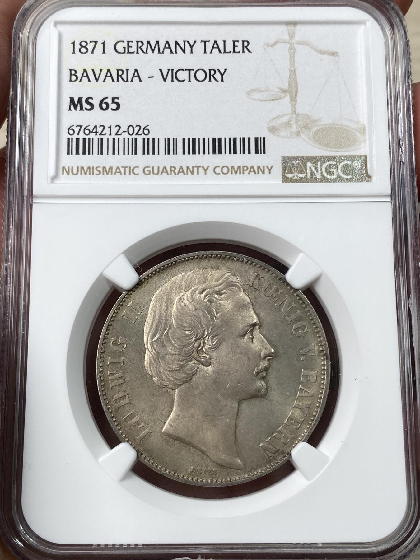 万国钱币拍卖第049期（万国夏季大拍） NGC MS65 1871年德国巴伐利亚路德维希二世普法战争胜利泰勒 欧陆青灰色包浆 邮票光泽底板 顶级BU收藏级状态