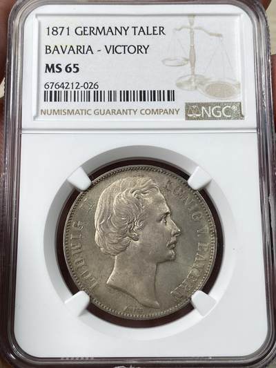 万国钱币拍卖第049期（万国夏季大拍） - NGC MS65 1871年德国巴伐利亚路德维希二世普法战争胜利泰勒 欧陆青灰色包浆 邮票光泽底板 顶级BU收藏级状态