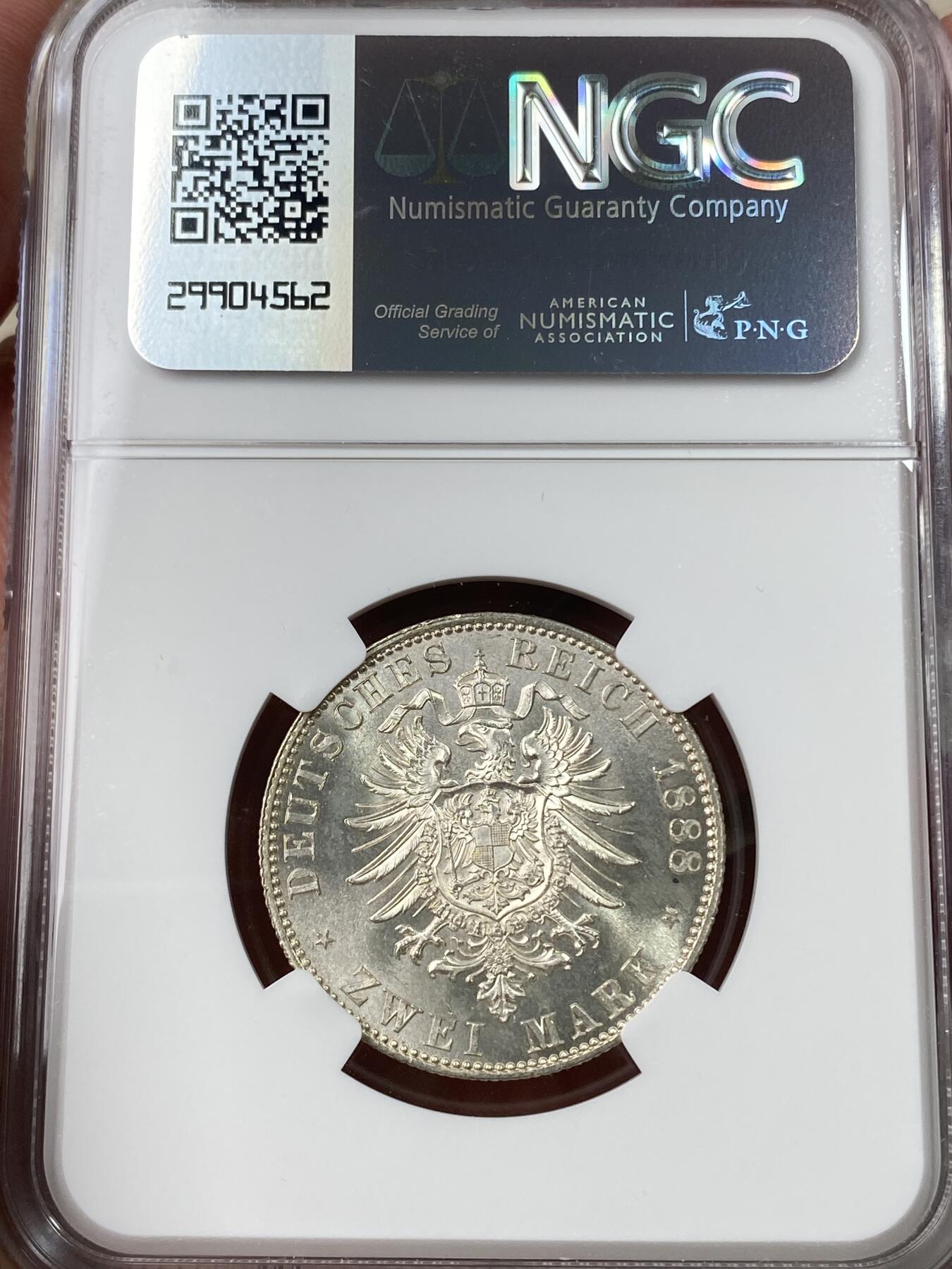 万国钱币拍卖第049期（万国夏季大拍） NGC MS65 1888年德国普鲁士三皇之年短翅流通2马克 顶级BU品质 丝绸转光原味淡包浆