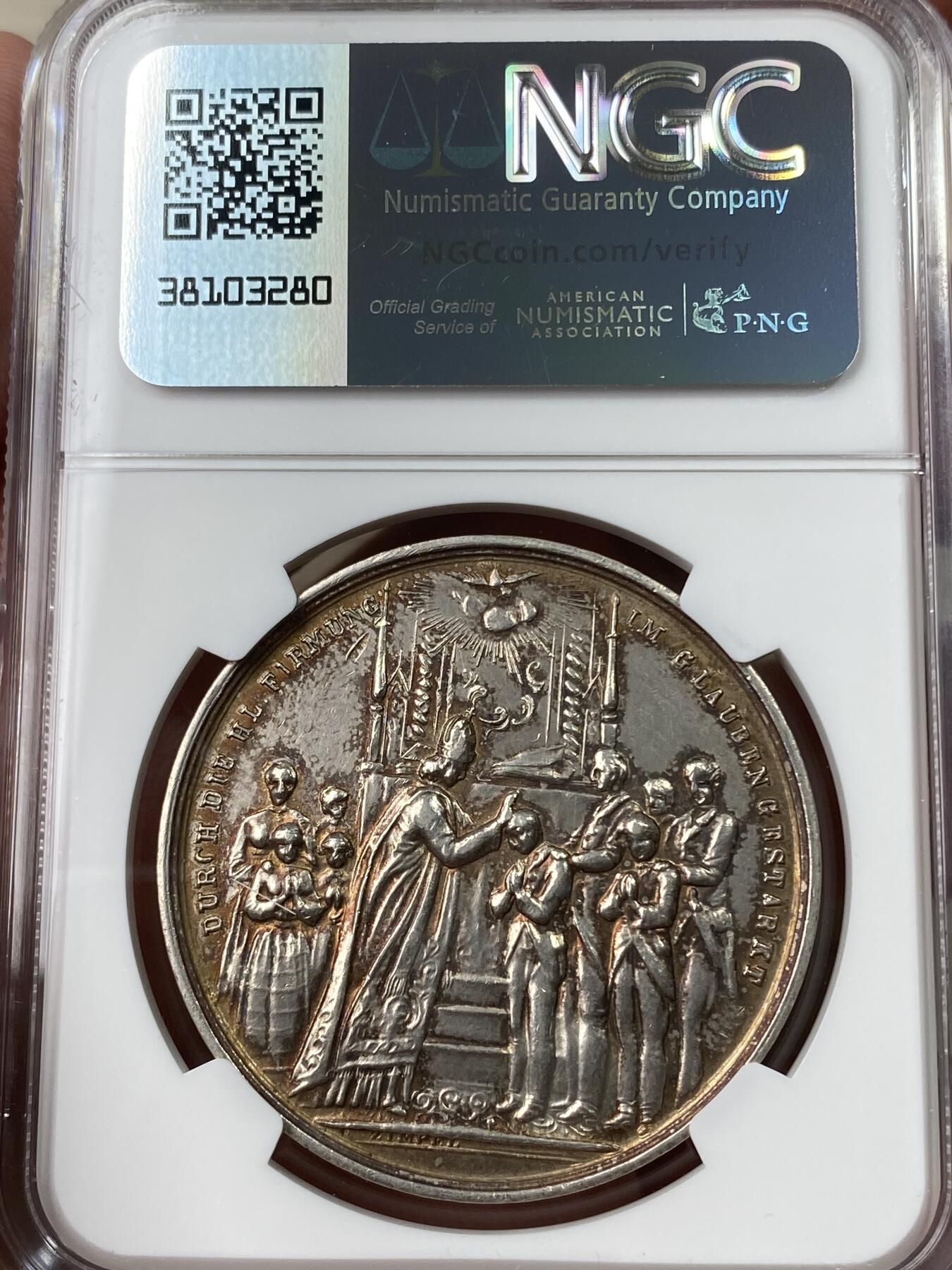 万国钱币拍卖第049期（万国夏季大拍） NGC MS61 19世纪奥地利宗教坚信礼纪念大银章 圣灵照耀众神 玫瑰环彩完美高浮雕收藏品质