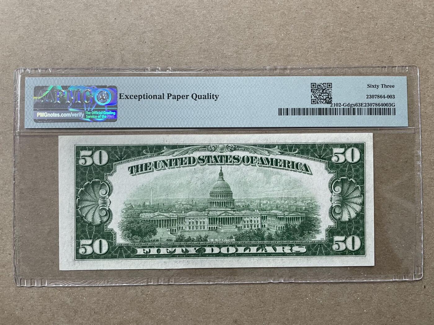 美国1934年50美元 芝加哥分行发行 PMG63EPQ G03280581A