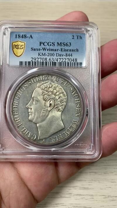 万国钱币拍卖第049期（万国夏季大拍） PCGS MS63 1848年德国萨克森-魏玛-爱森纳赫纹章流通2泰勒 单年发行1.9万枚的小邦名誉品种 好品极难 原味黄油转光浮雕质感 难以超越的品质 PC冠军分 