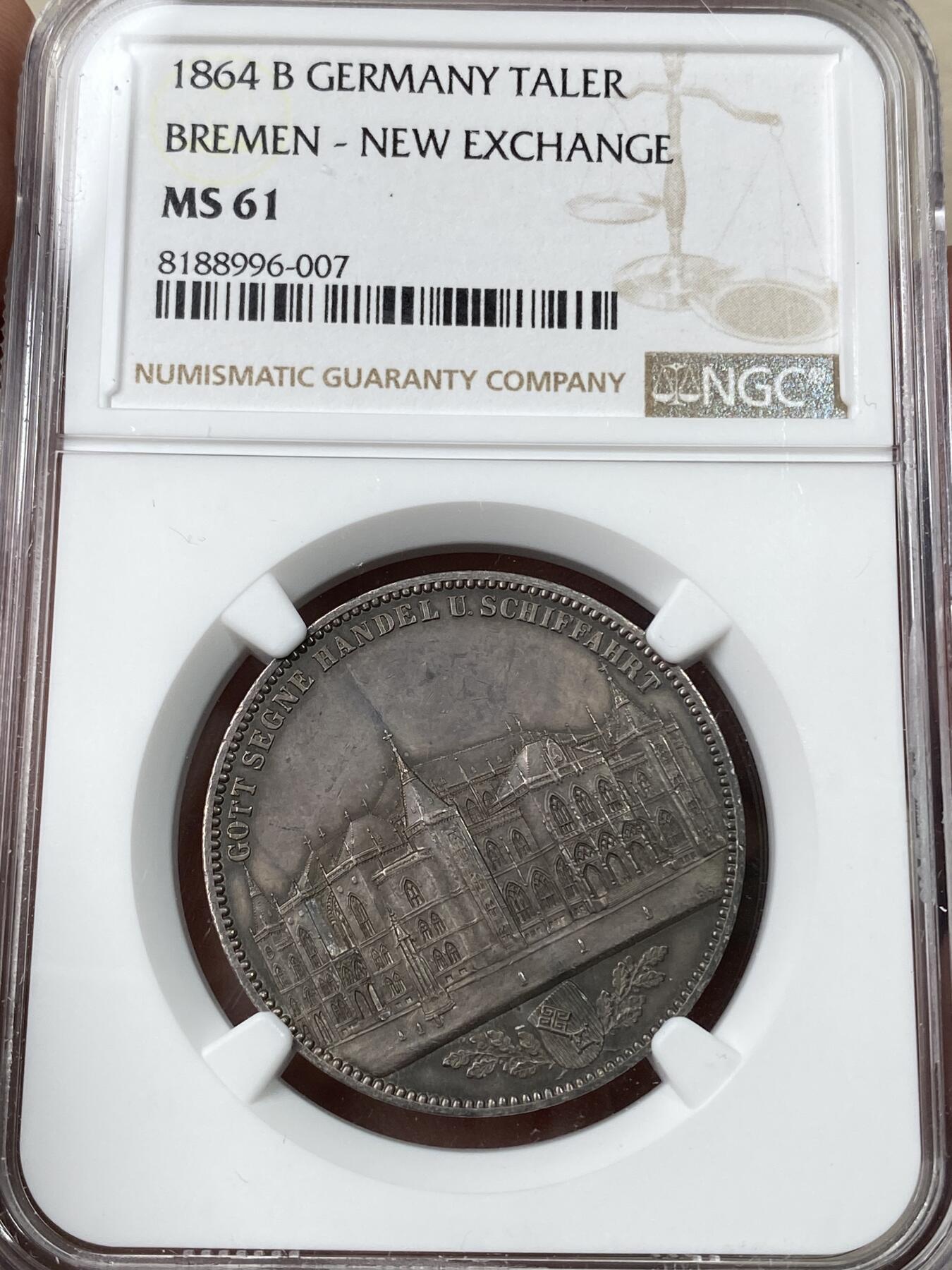万国钱币拍卖第049期（万国夏季大拍） NGC MS61 1864年德国不莱梅证券交易所1泰勒 发行量仅5000枚联合泰勒名誉品种 其建筑细节刻画丝丝入扣 均匀深玫瑰色包浆