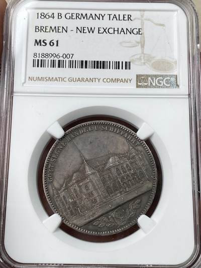 万国钱币拍卖第049期（万国夏季大拍） - NGC MS61 1864年德国不莱梅证券交易所1泰勒 发行量仅5000枚联合泰勒名誉品种 其建筑细节刻画丝丝入扣 均匀深玫瑰色包浆