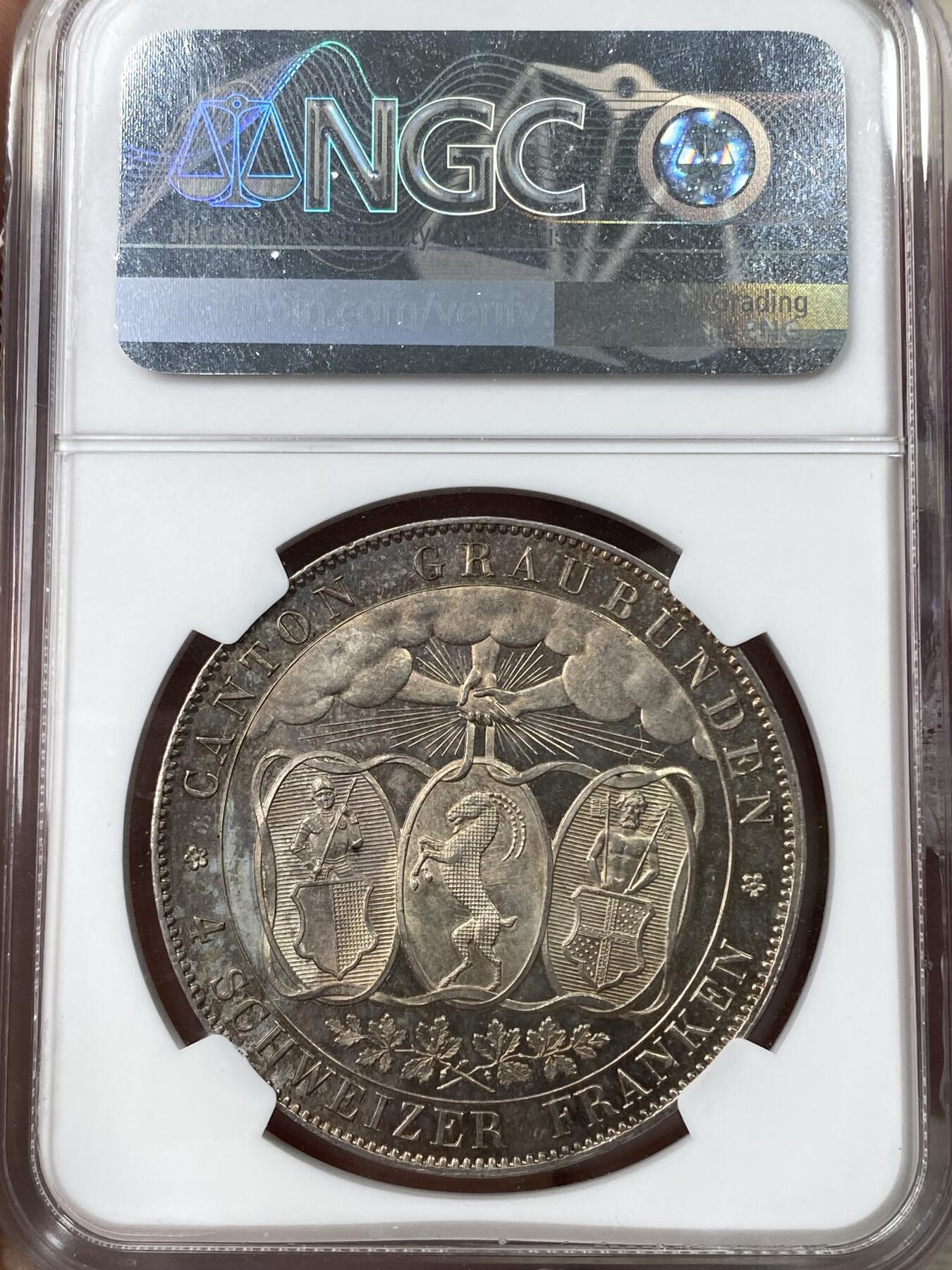 万国钱币拍卖第049期（万国夏季大拍） NGC MS64PL 1842瑞士格劳宾登射击节4法郎大银 瑞射中的高难品种 发行量仅6000枚 金彩PROOF LIKE 顶级收藏品质 NGC冠军分
