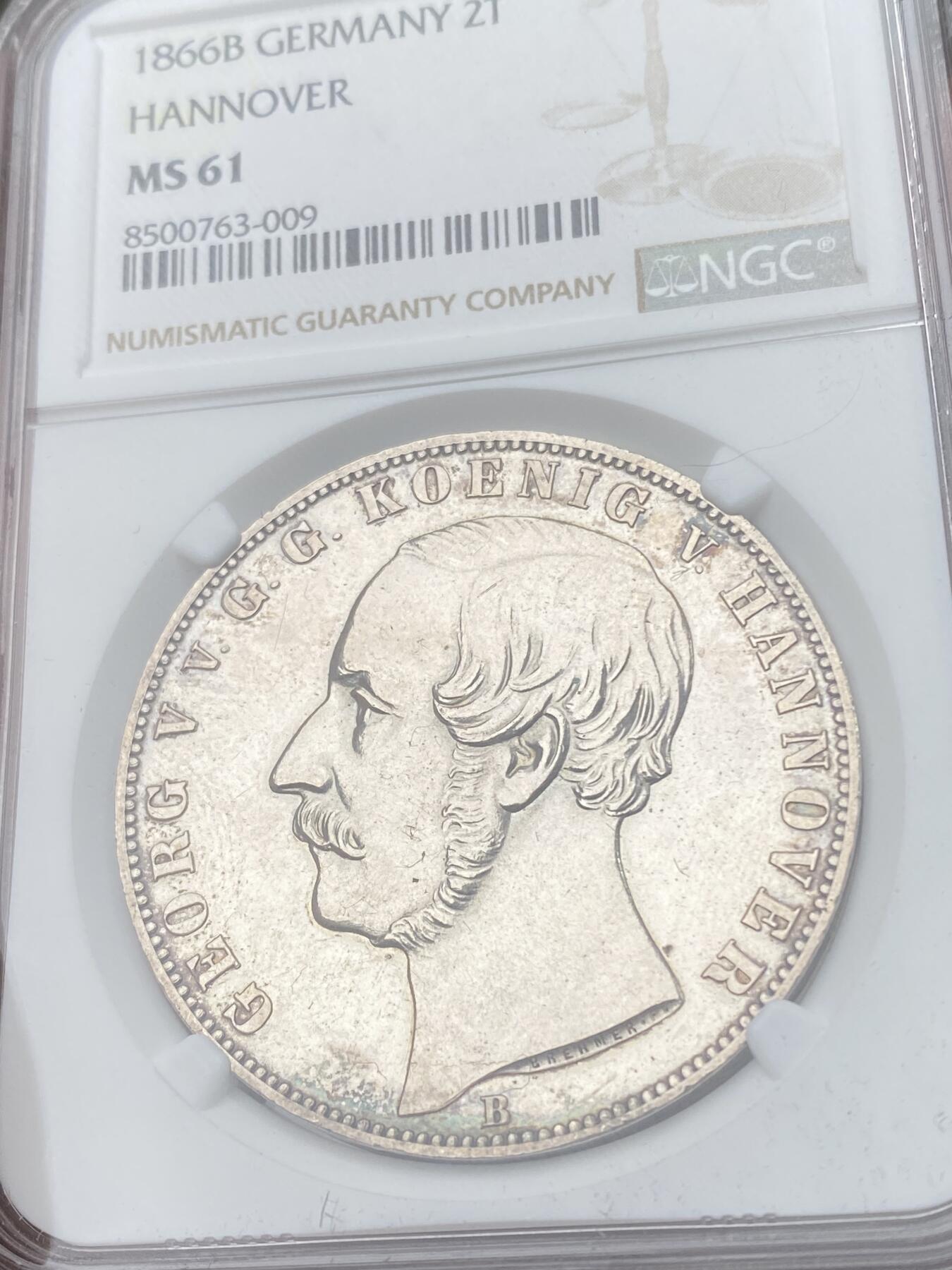 万国钱币拍卖第049期（万国夏季大拍） NGC MS61 1866年德国汉诺威狮马英式盾徽流通2泰勒 汉诺威最后的2T 幻蓝彩高点极佳