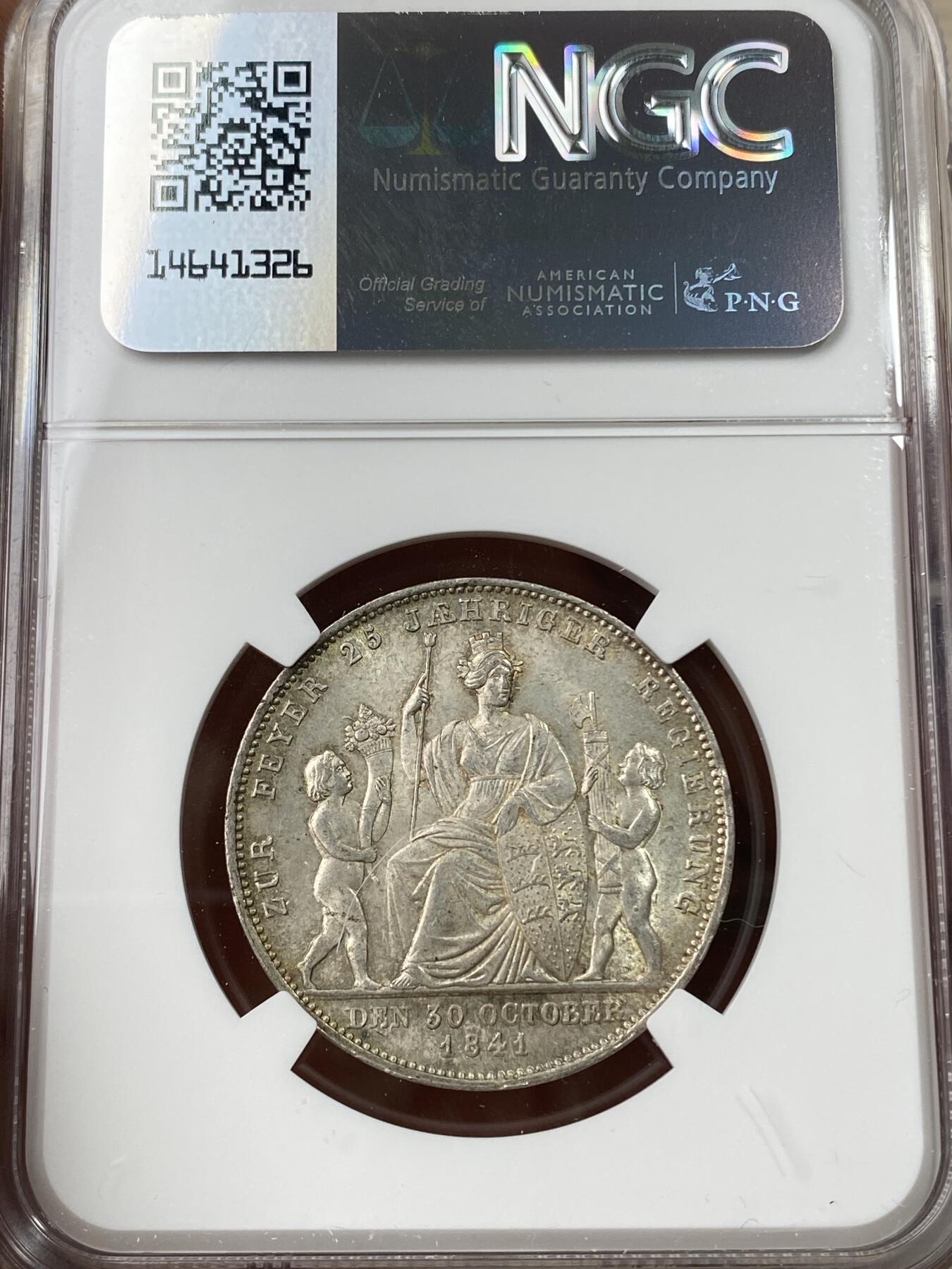 万国钱币拍卖第049期（万国夏季大拍） NGC MS63 1841年德国符腾堡威廉一世登基25周年纪念古尔登 原味淡金彩环环绕收藏级 仅铸造6236枚