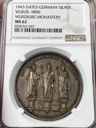 万国钱币拍卖第049期（万国夏季大拍） - NGC MS62 1843年维尔茨堡主教区纪念大教堂落成1100年镜面大银章 正面圣博尼法斯、圣基利安和圣伯哈特三大主教驾临 41MM 28G