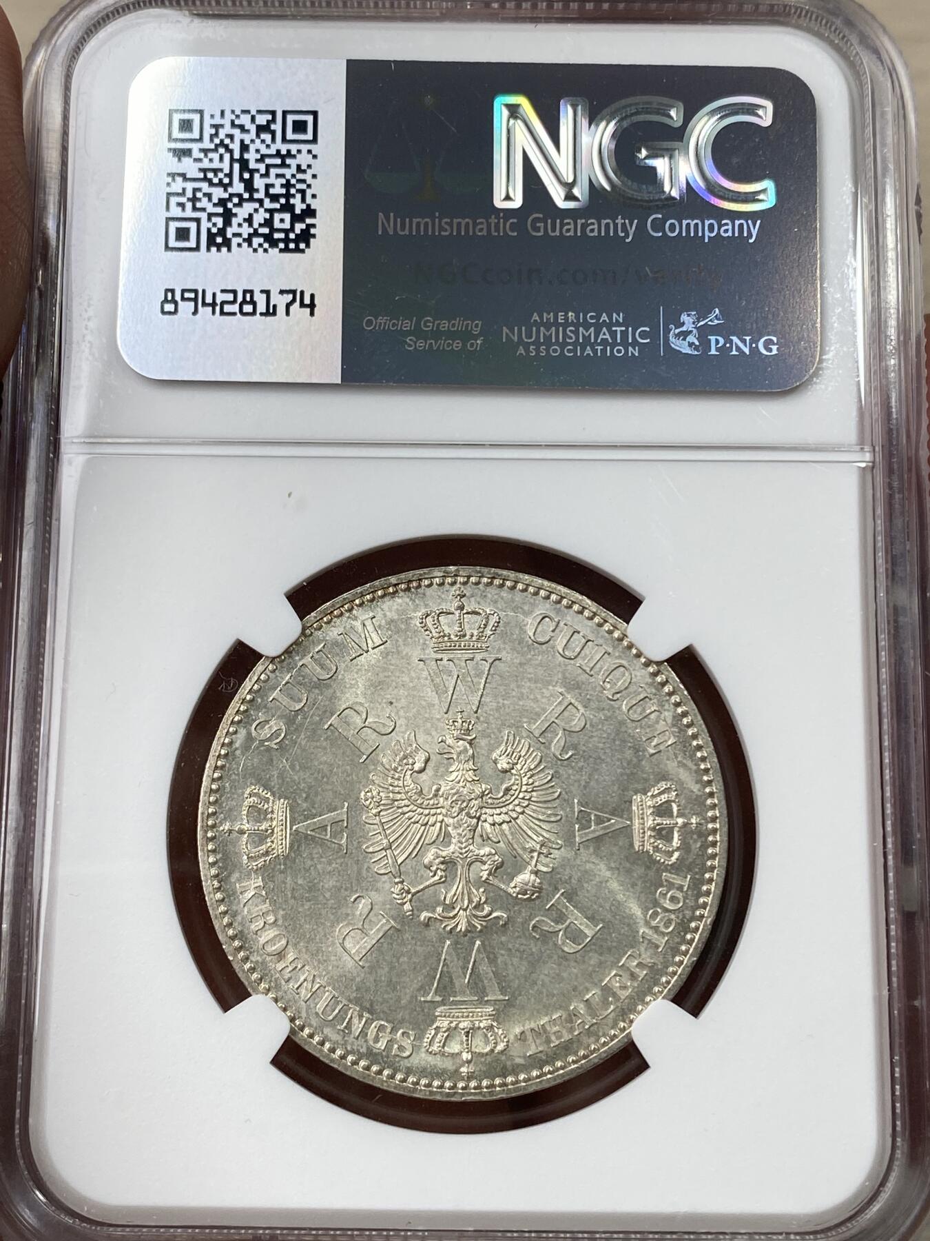万国钱币拍卖第049期（万国夏季大拍） NGC MS63 1861年德国普鲁士威廉一世登基纪念泰勒 经典毛衣泰勒 十字转光