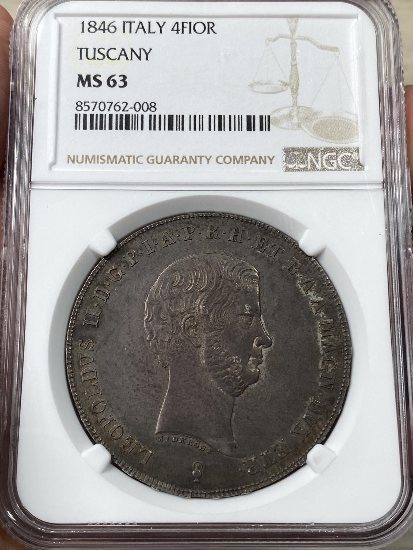 万国钱币拍卖第049期（万国夏季大拍） NGC MS63 1846意大利托斯卡纳利奥波德二世4菲奥里尼大银 醇厚欧陆酱彩 全深打收藏级状态 
