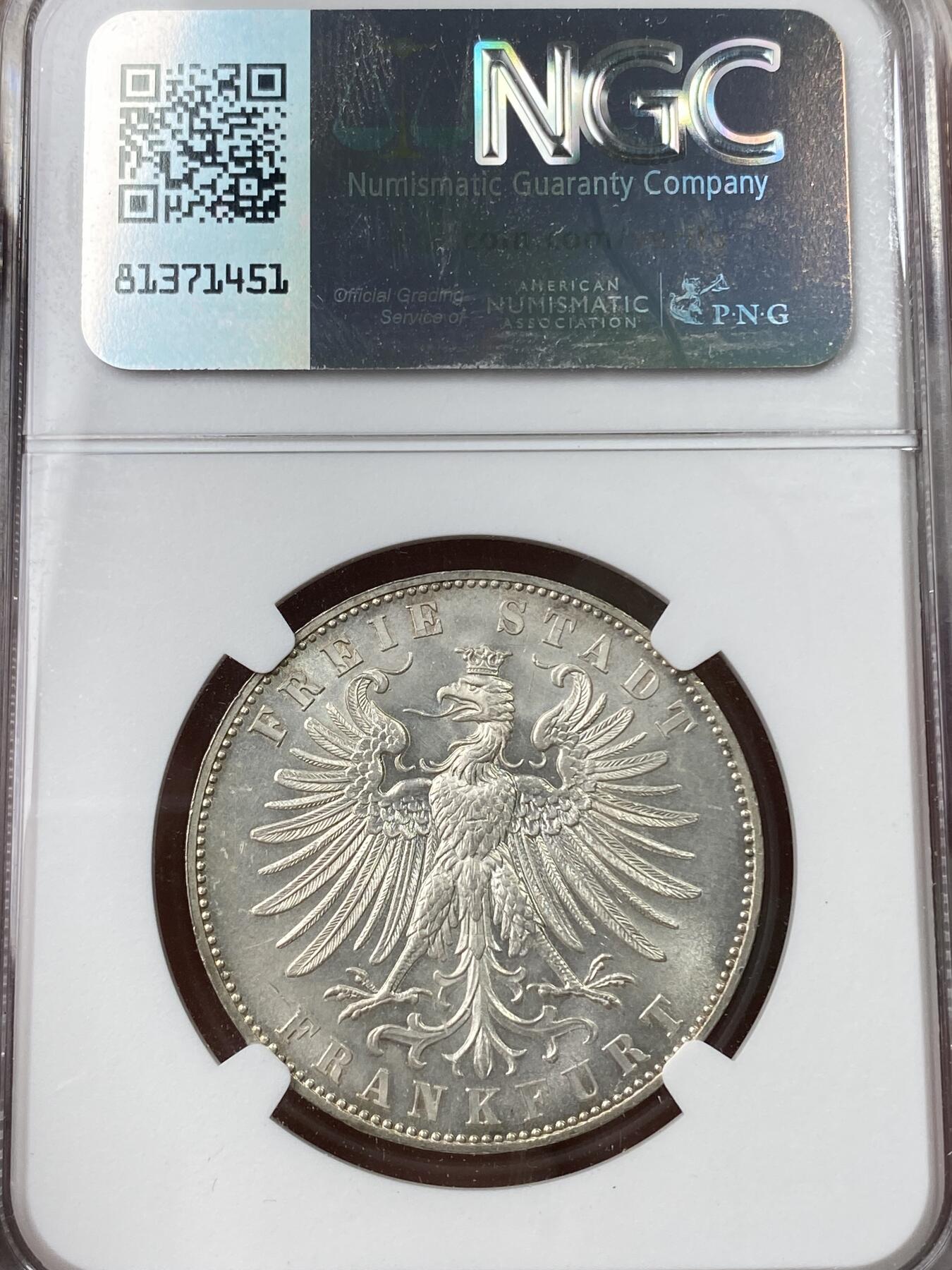 万国钱币拍卖第049期（万国夏季大拍） NGC MS63 1862年德国法兰克福射击节女神1泰勒 原味银霜感十字转光状态极佳