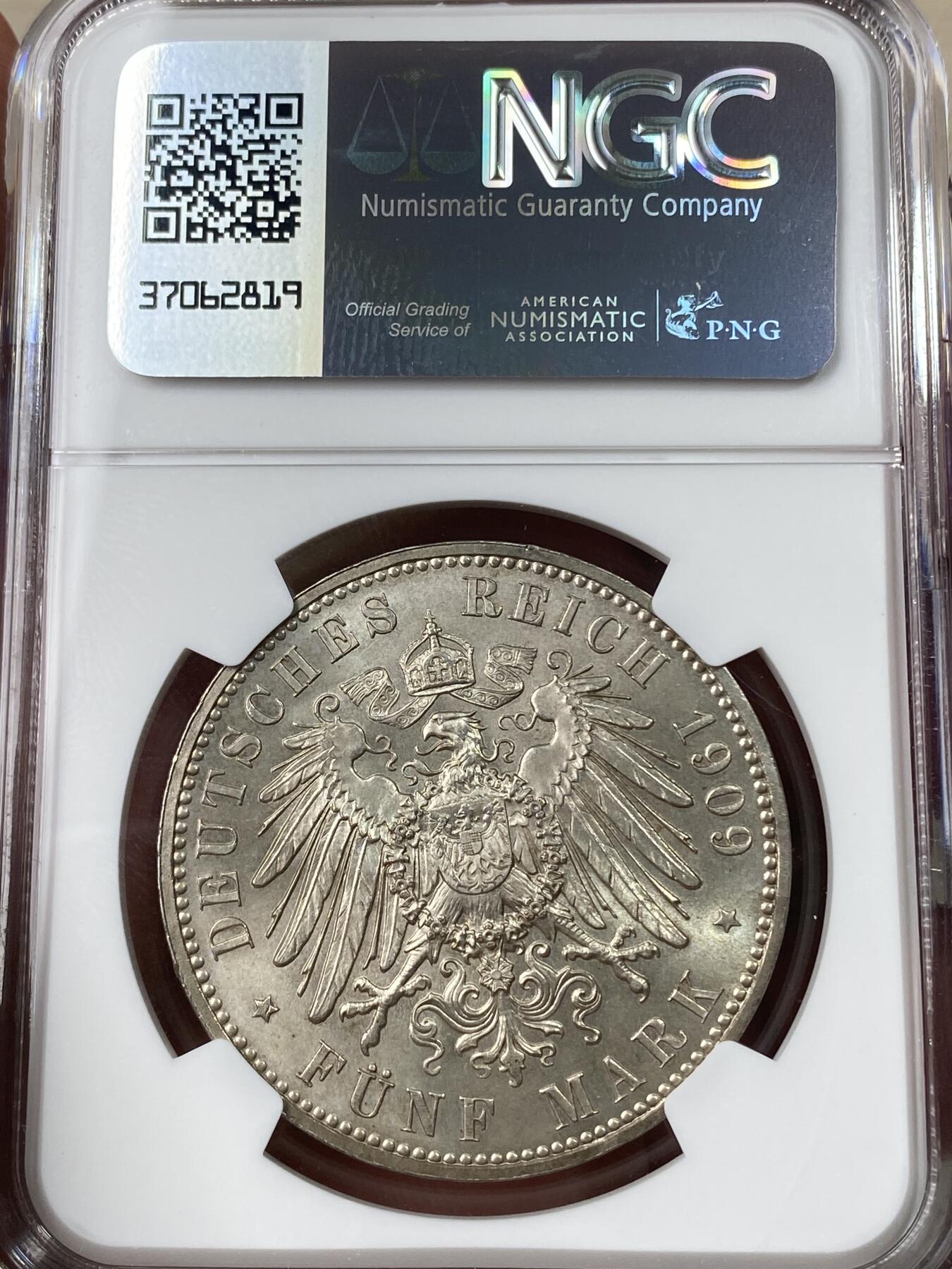 万国钱币拍卖第049期（万国夏季大拍） NGC MS66 1909年德国萨克森莱比锡长翅5马克 邮票光泽黄油包浆 分数与状态皆是顶级