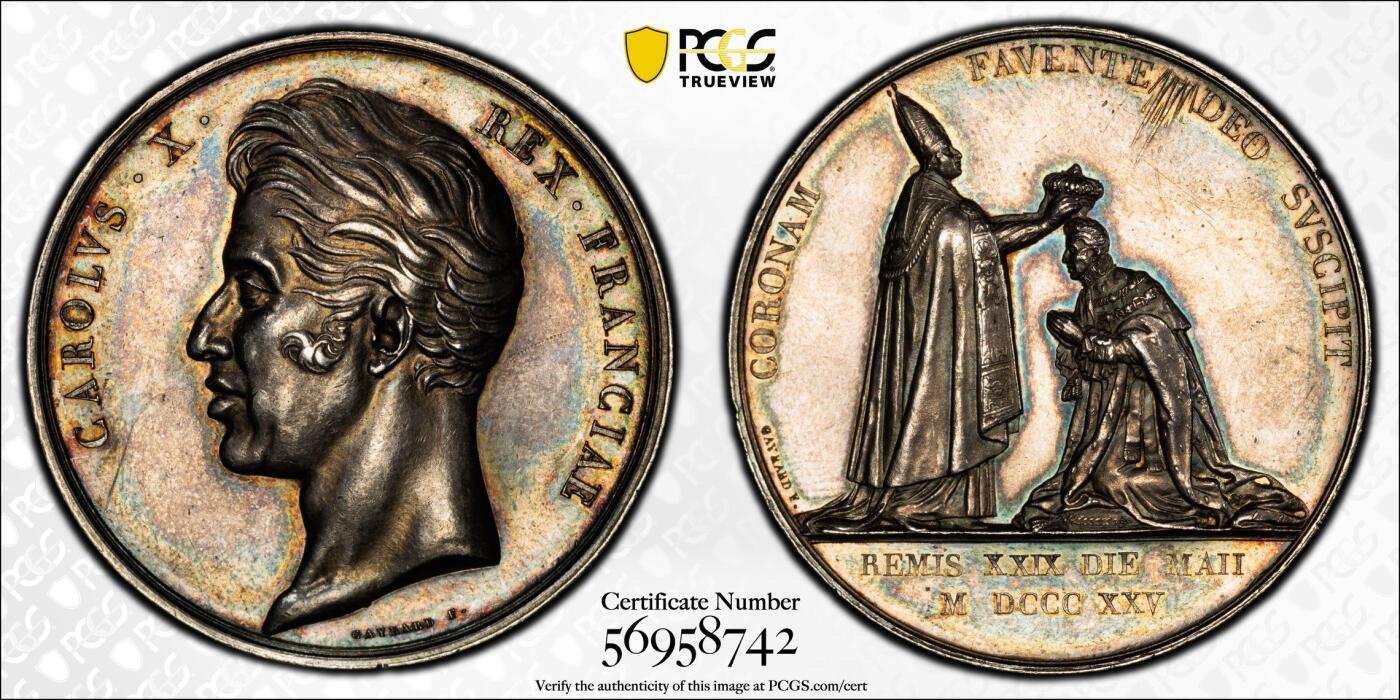 万国钱币拍卖第049期（万国夏季大拍） PCGS SP62 1825年法国查理十世在兰斯大教堂加冕为法国国王纪念大银章 罕见镜面原味五彩高品 42MM 39.8G 