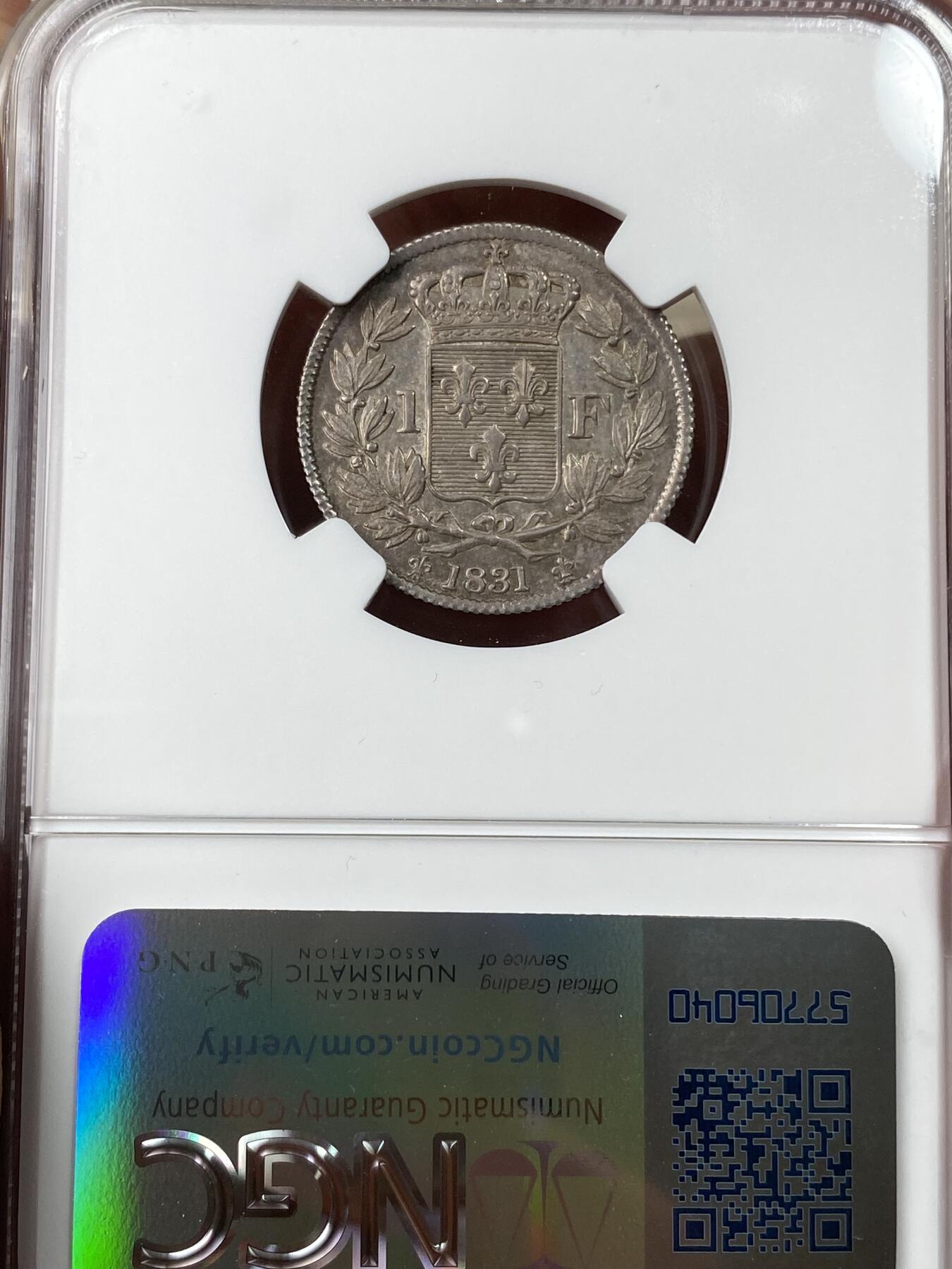 万国钱币拍卖第049期（万国夏季大拍） NGC MS63 1831法国亨利五世1法郎银样币 原味五彩镜面 由保皇党发行的样币