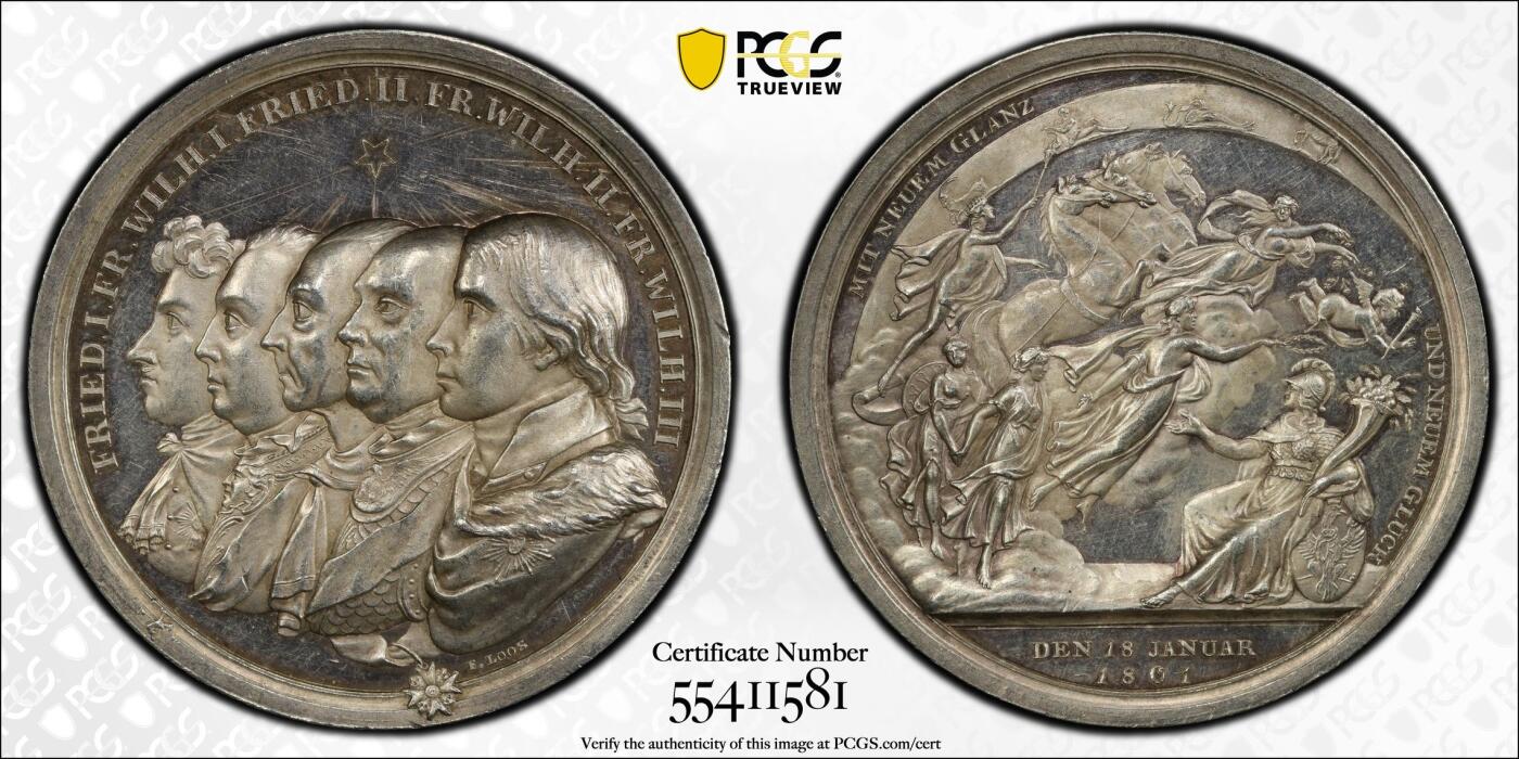 万国钱币拍卖第049期（万国夏季大拍） PCGS SP62 1801年德国普鲁士王国成立100周年纪念大银章 普鲁士章中经典名品 五皇阵列在前 阿波罗在太阳战车上被众神环绕 原味五彩高品难得 56.3MM 70.8G