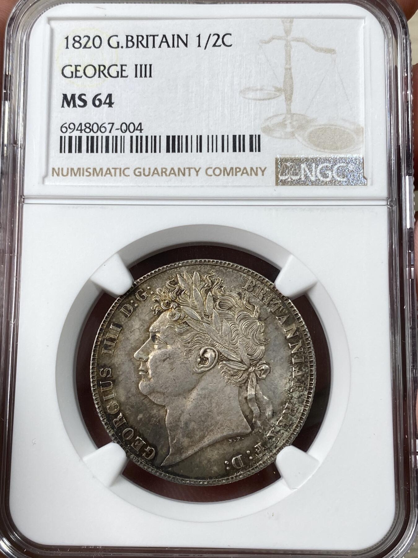 万国钱币拍卖第049期（万国夏季大拍） NGC MS64 1820英国乔治四世三花半克朗 丝滑转光英伦五彩 高分难得