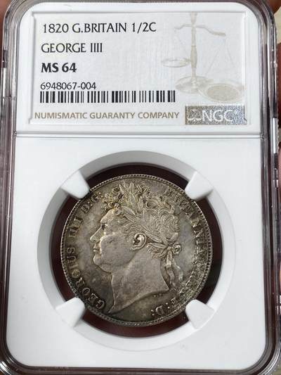 万国钱币拍卖第049期（万国夏季大拍） - NGC MS64 1820英国乔治四世三花半克朗 丝滑转光英伦五彩 高分难得