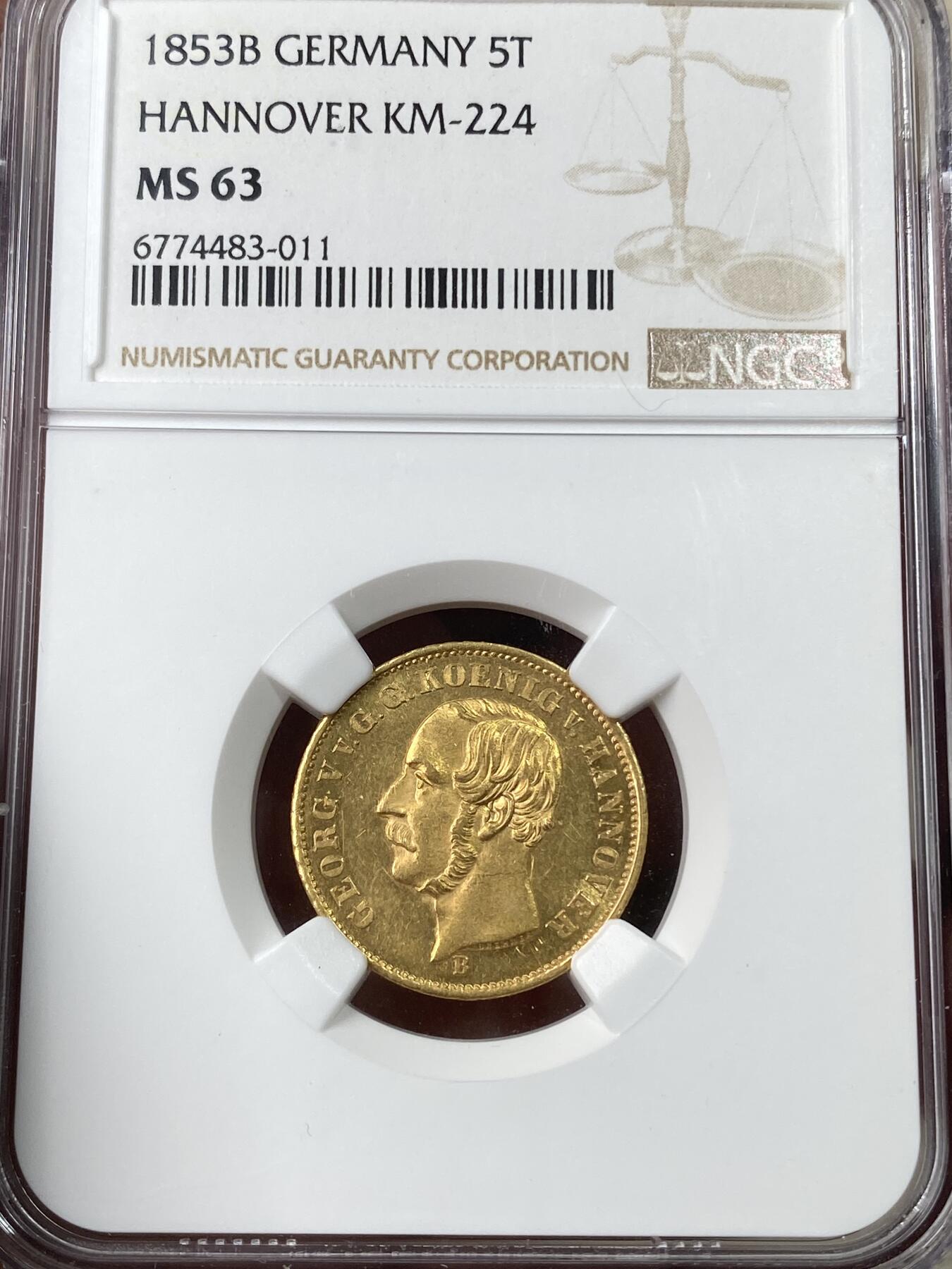 万国钱币拍卖第049期（万国夏季大拍） NGC MS63 1853年德国汉诺威乔治五世英式盾徽版5泰勒金币 国内首拍德系名品金5T 全深打转光品相 英式工艺登峰造极 更高分仅仅2枚