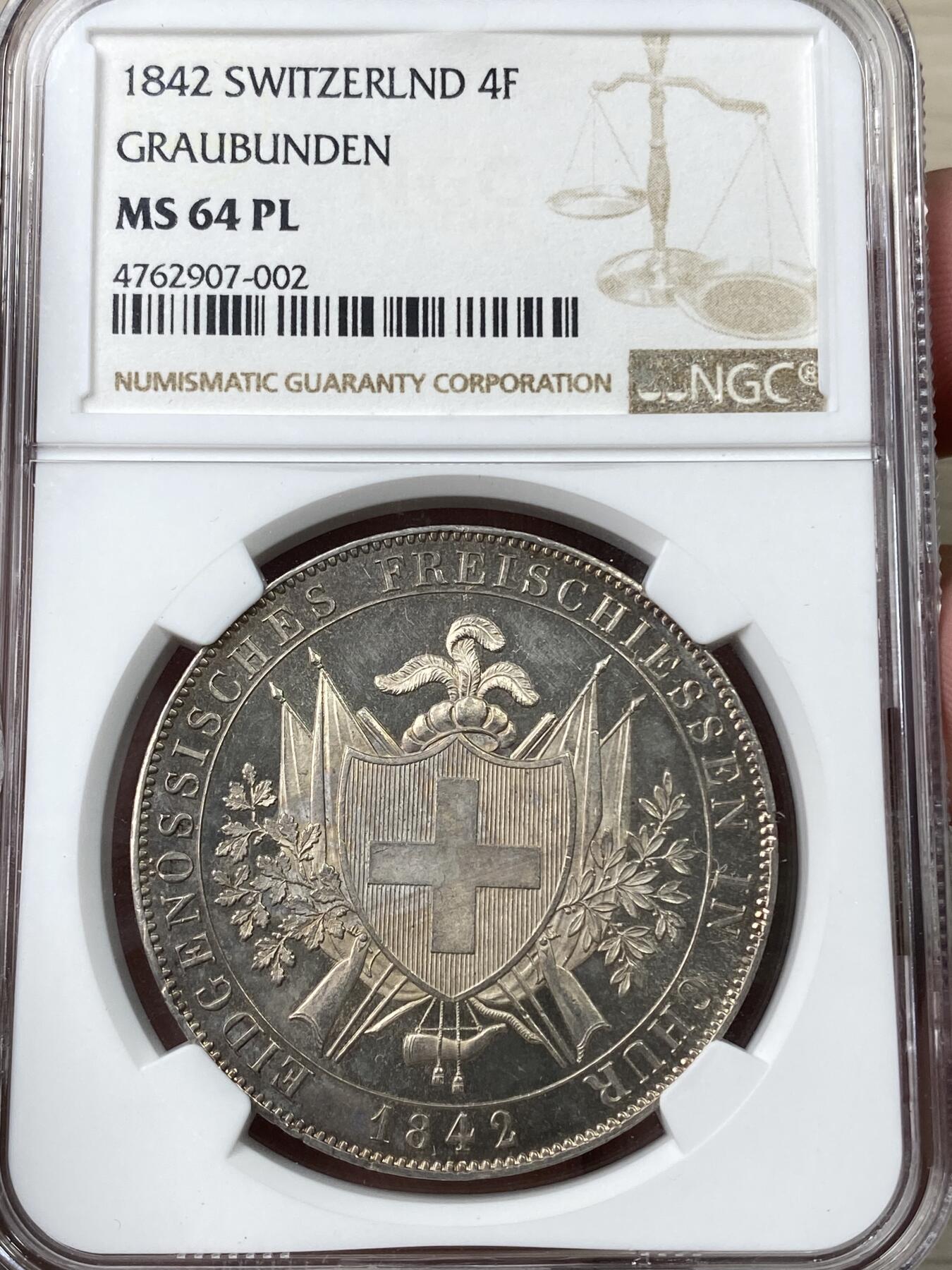 万国钱币拍卖第049期（万国夏季大拍） NGC MS64PL 1842瑞士格劳宾登射击节4法郎大银 瑞射中的高难品种 发行量仅6000枚 金彩PROOF LIKE 顶级收藏品质 NGC冠军分