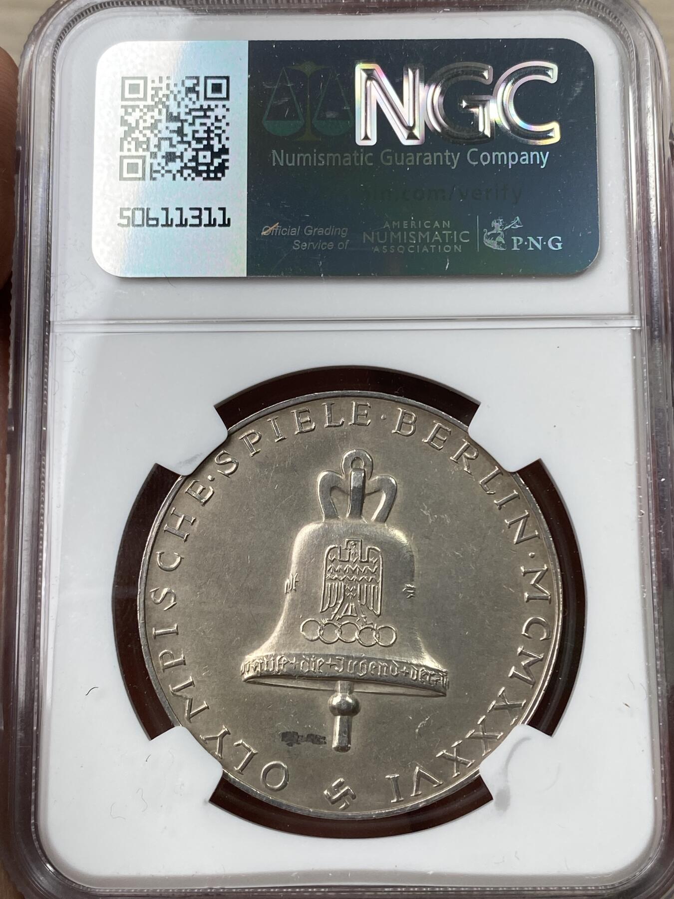 万国钱币拍卖第049期（万国夏季大拍） NGC MS61 1936年德国民族社会主义工人党奥林匹克运动会纪念银章 特殊时期的奥运章异常难得的收藏品质