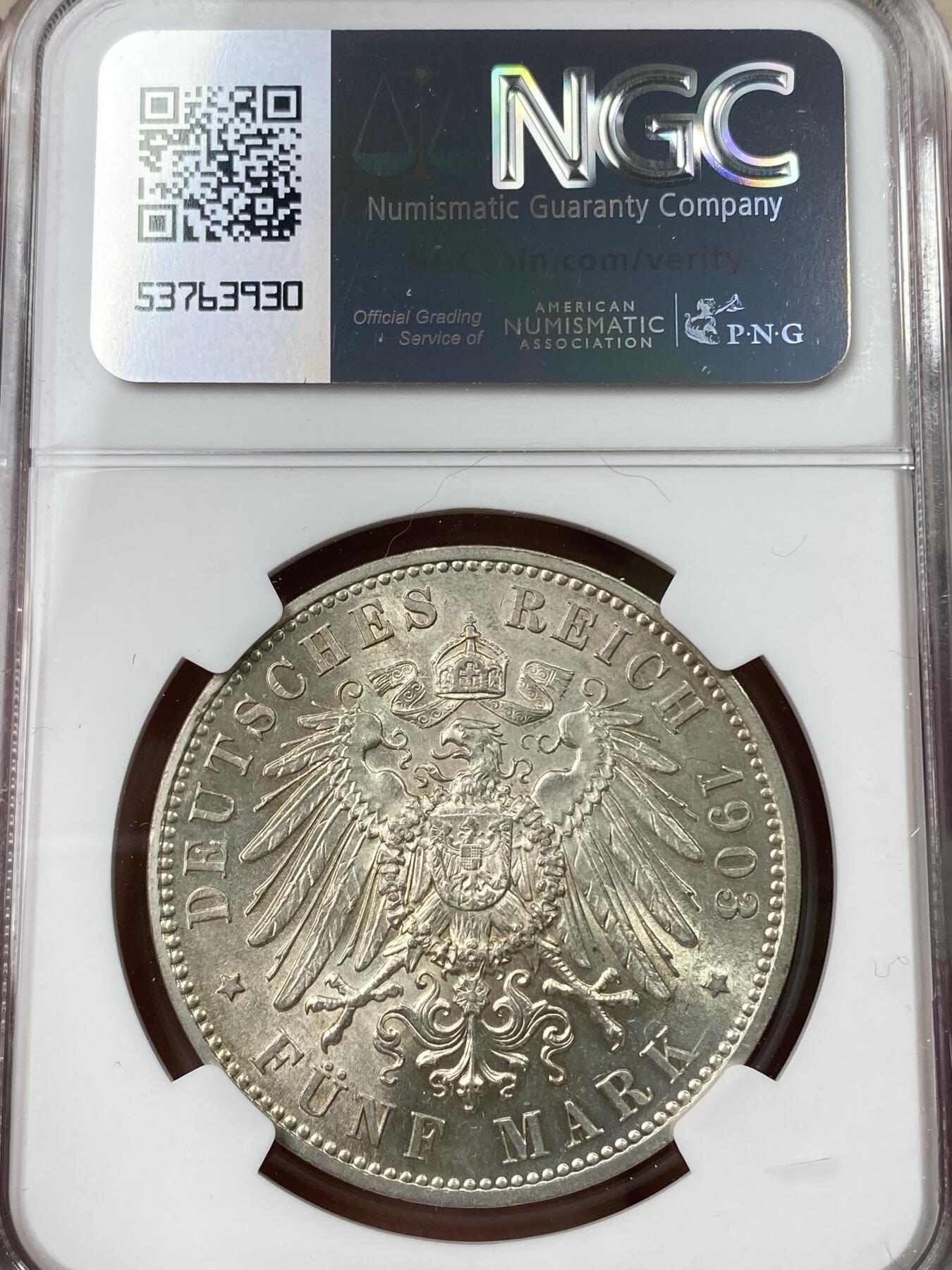 万国钱币拍卖第049期（万国夏季大拍） NGC MS62 1903年德国萨克森乔治一世长翅流通5马克 流通版好品极其难得 原味黄油转光