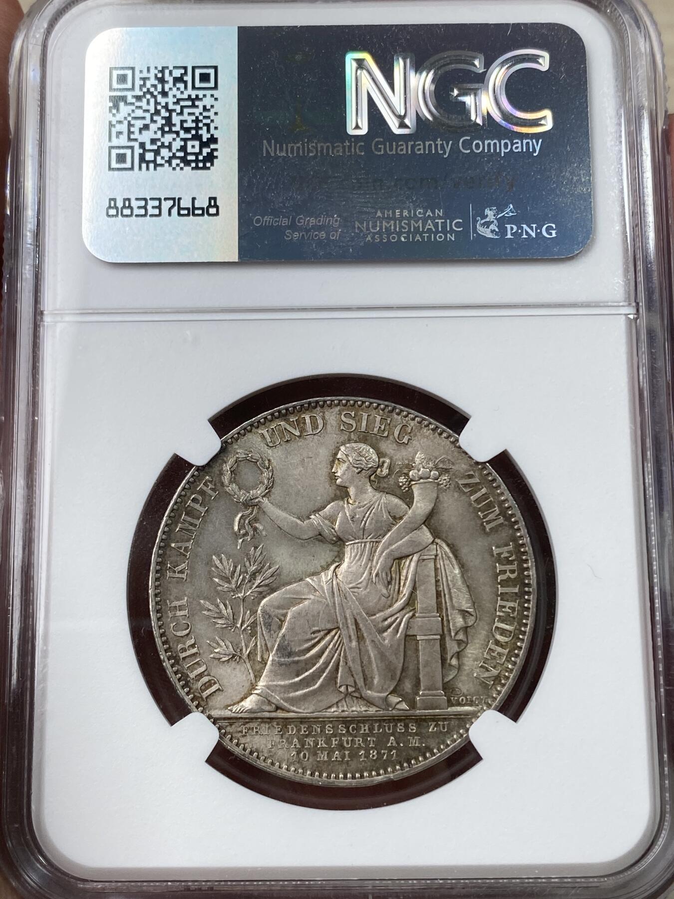 万国钱币拍卖第049期（万国夏季大拍） NGC MS65 1871年德国巴伐利亚路德维希二世普法战争胜利泰勒 欧陆青灰色包浆 邮票光泽底板 顶级BU收藏级状态