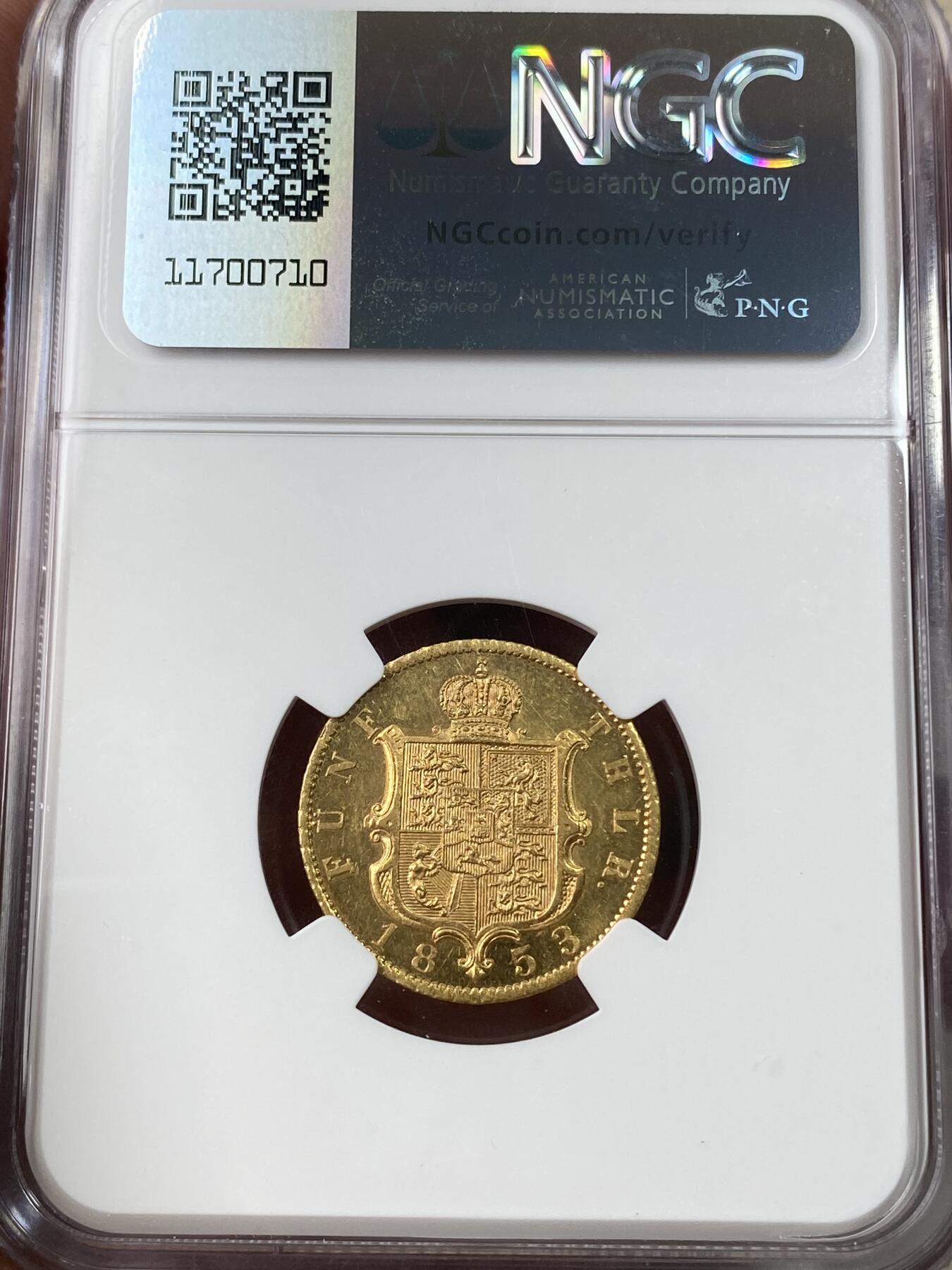 万国钱币拍卖第049期（万国夏季大拍） NGC MS63 1853年德国汉诺威乔治五世英式盾徽版5泰勒金币 国内首拍德系名品金5T 全深打转光品相 英式工艺登峰造极 更高分仅仅2枚