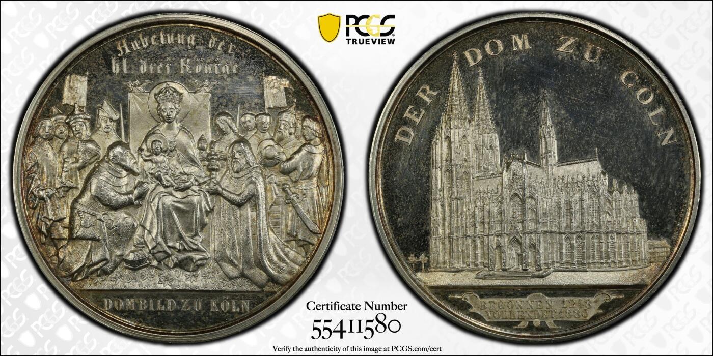 万国钱币拍卖第049期（万国夏季大拍） PCGS SP64 1880年德国圣城科隆大教堂竣工纪念大银章 50MM 超炫深黑底板精制镜面 此品种常见铜制、镀金与合金 银质首见！首见！首见！ 超高浮雕圣母与科隆大教堂相结合 绝对是德意志章牌中惊艳众生的顶级收藏品种 PC唯一冠军