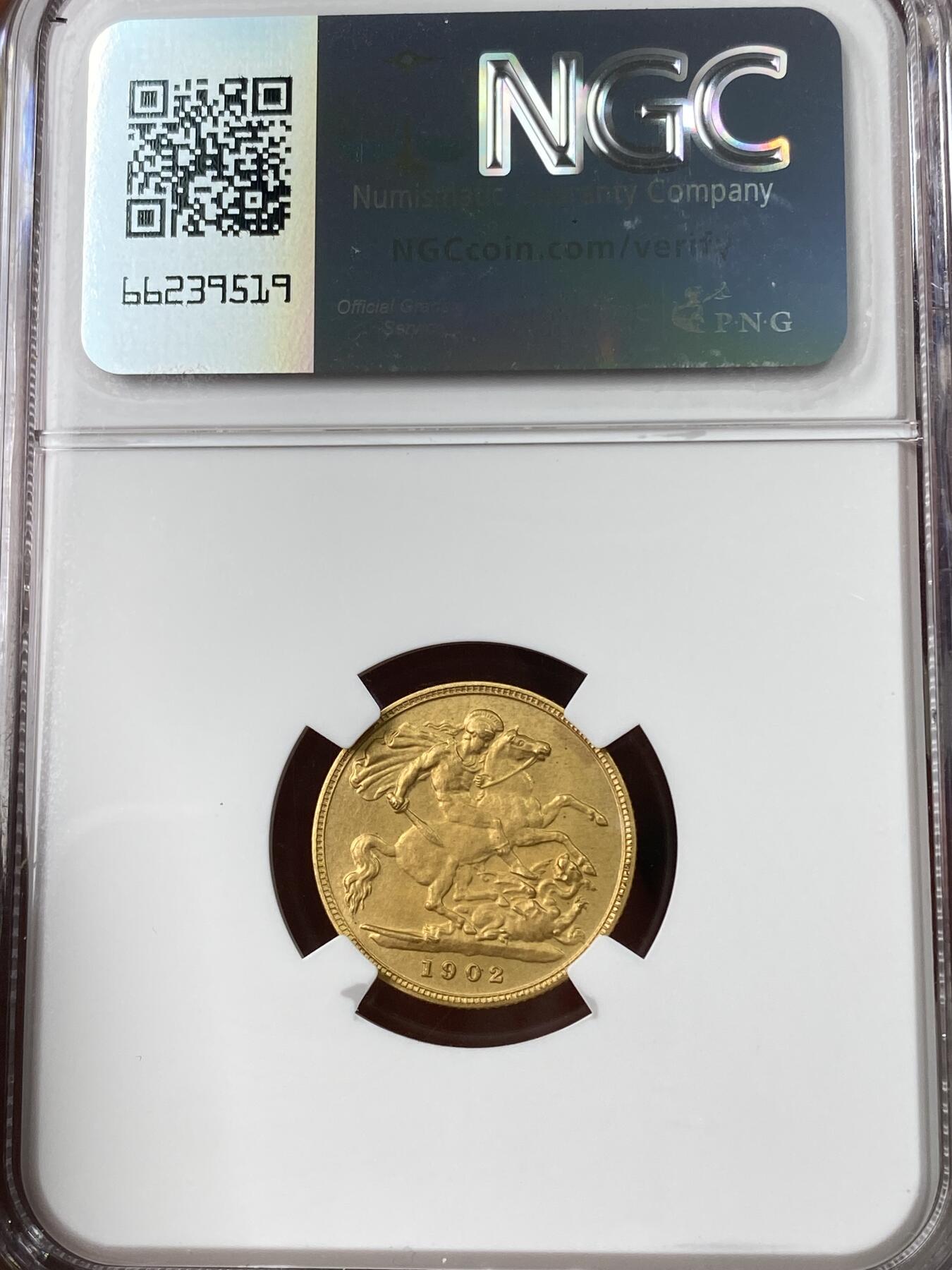 万国钱币拍卖第049期（万国夏季大拍） NGC PF62 1902英国爱德华七世精制半索维林马剑金币 精制原味matte 3.99g 917金