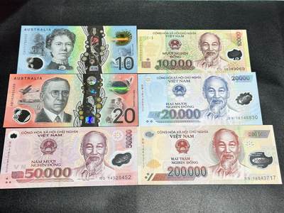 《外钞收藏家》第五百四十四期（本期大蚂蚁、英镑首发、港币等精品以及品种丰富的裸币）（本平台长期征集拍品、欢迎藏友们联系合作） - 澳大利亚和越南塑料钞 6张一起 除了10澳元有压印 其他全新