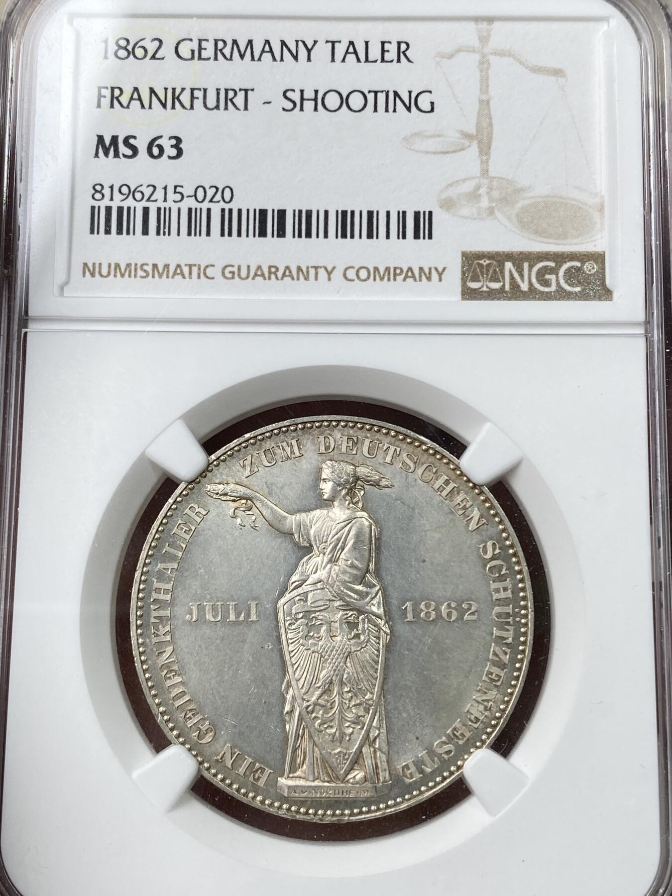 万国钱币拍卖第049期（万国夏季大拍） NGC MS63 1862年德国法兰克福射击节女神1泰勒 原味银霜感十字转光状态极佳