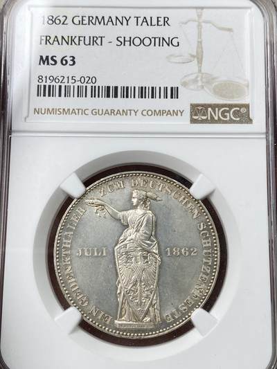 万国钱币拍卖第049期（万国夏季大拍） - NGC MS63 1862年德国法兰克福射击节女神1泰勒 原味银霜感十字转光状态极佳
