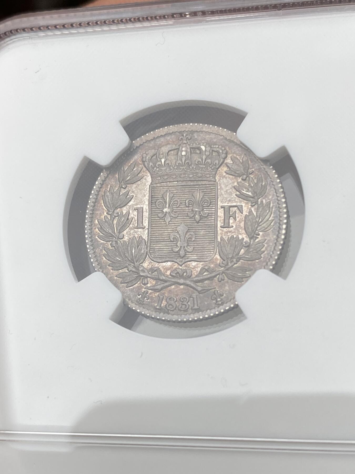 万国钱币拍卖第049期（万国夏季大拍） NGC MS63 1831法国亨利五世1法郎银样币 原味五彩镜面 由保皇党发行的样币