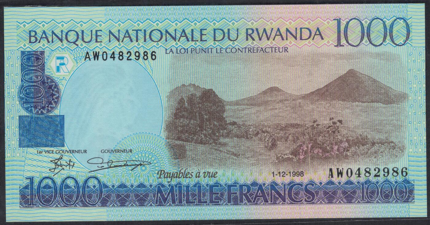 卢旺达1998年1000法郎 非洲纸币 实物图 UNC