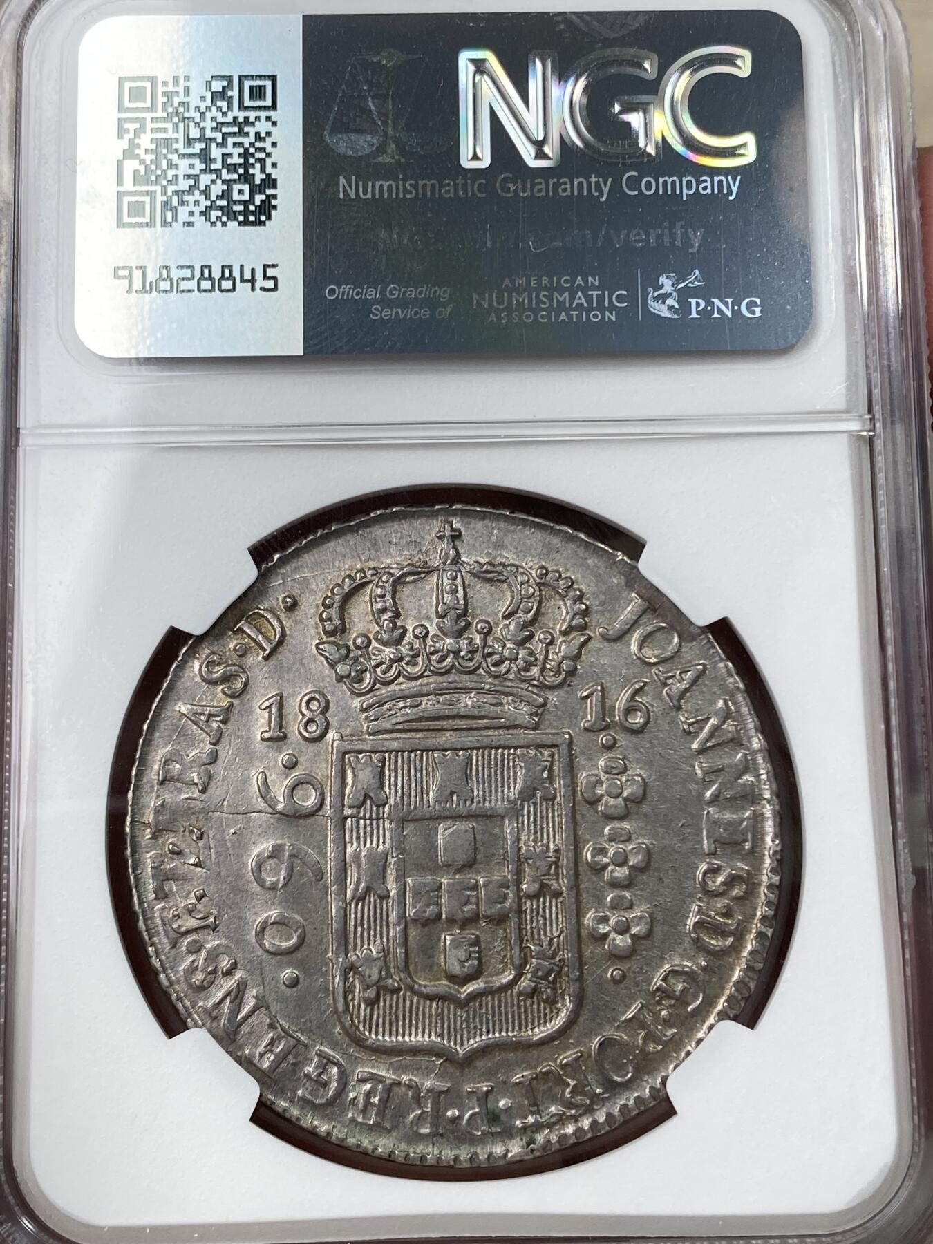 万国钱币拍卖第049期（万国夏季大拍） NGC AUD 1816葡属巴西地球960R 直接压印在西班牙双柱上的南美大银 深打原味