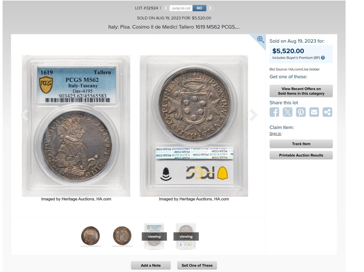 万国钱币拍卖第049期（万国夏季大拍） PCGS MS62 1616年意大利-托斯卡纳比萨美第奇科西莫二世1塔勒大银 佛罗伦萨造币厂铸 原味深打好品难得 PCGS唯一冠军分 HA同品种62成交价5500美金