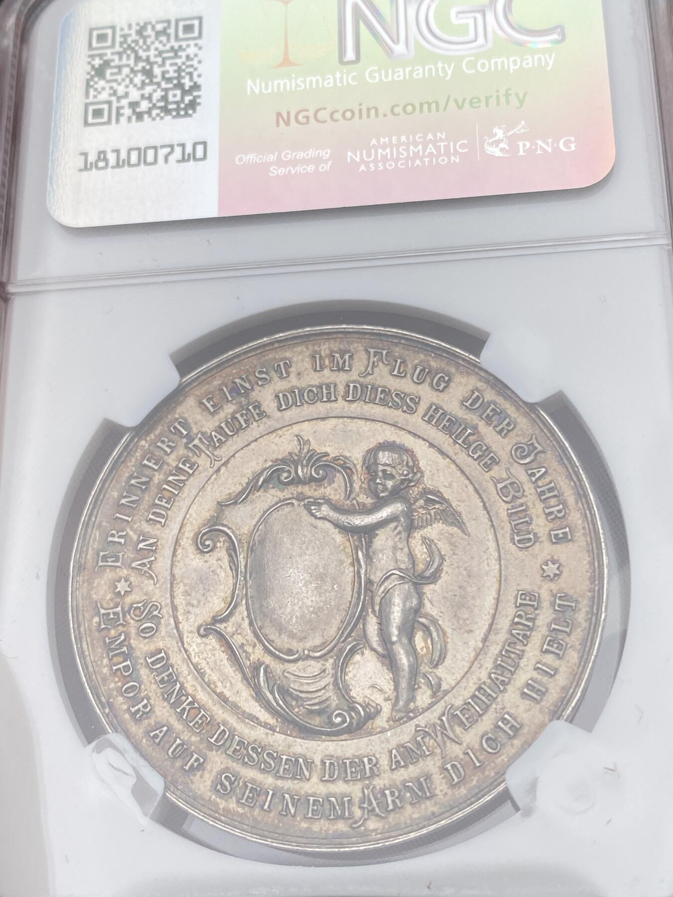万国钱币拍卖第049期（万国夏季大拍） NGC MS62 19世纪奥地利洗礼纪念大银章 正面为耶稣在约旦河受洗 背面小天使手持盾徽未签名未使用款原味极美