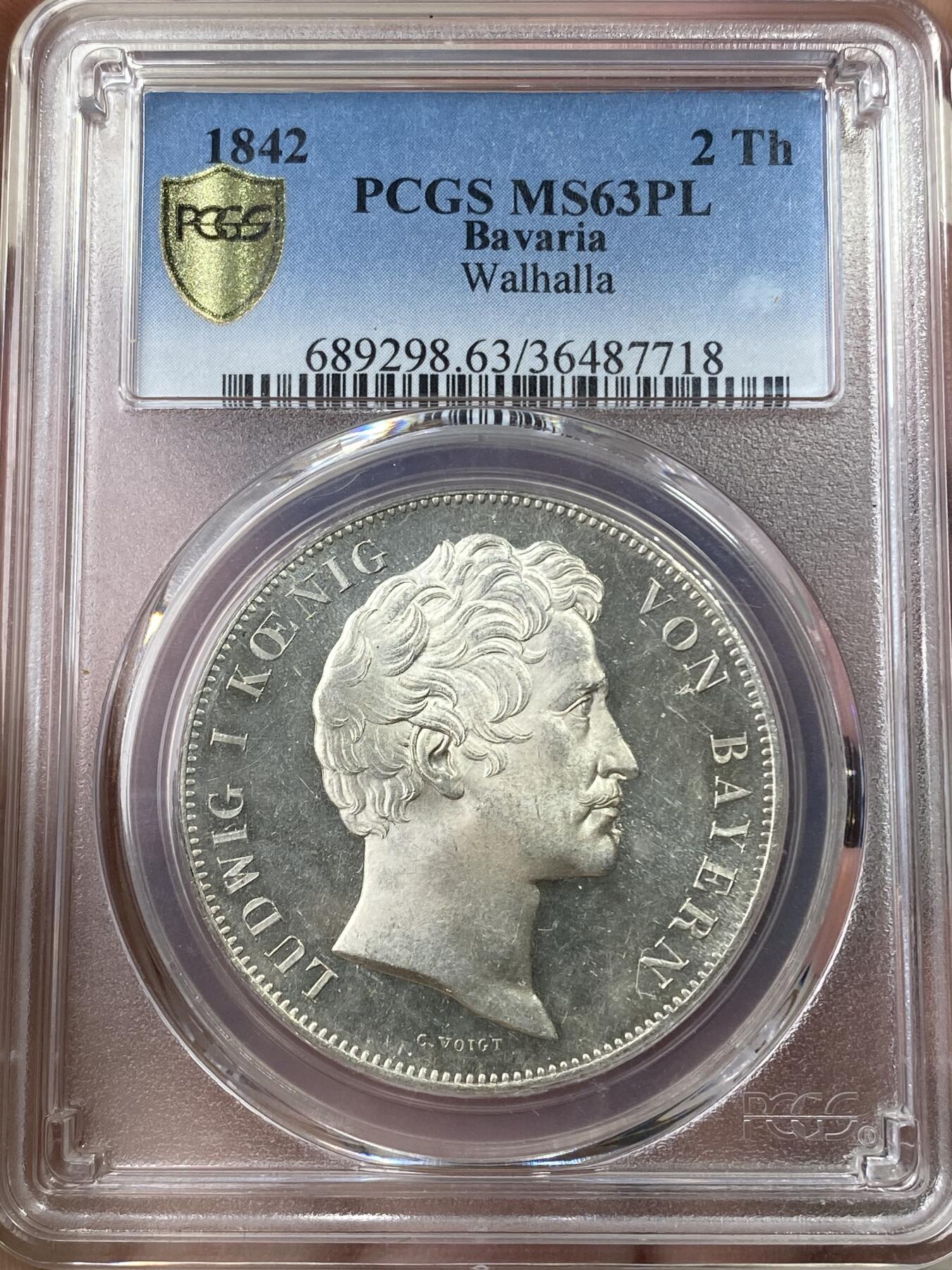 万国钱币拍卖第049期（万国夏季大拍） PCGS MS63PL 1842巴伐利亚路德维希一世瓦尔哈拉历史2泰勒 瓦尔哈拉英灵殿 新古典主义建筑的代表之作 全德意志最伟大灵魂的归宿 PROOF LIKE镜面喷砂状态 PC唯一亚军 更高分仅一枚 一览众山小的顶级视觉享受
