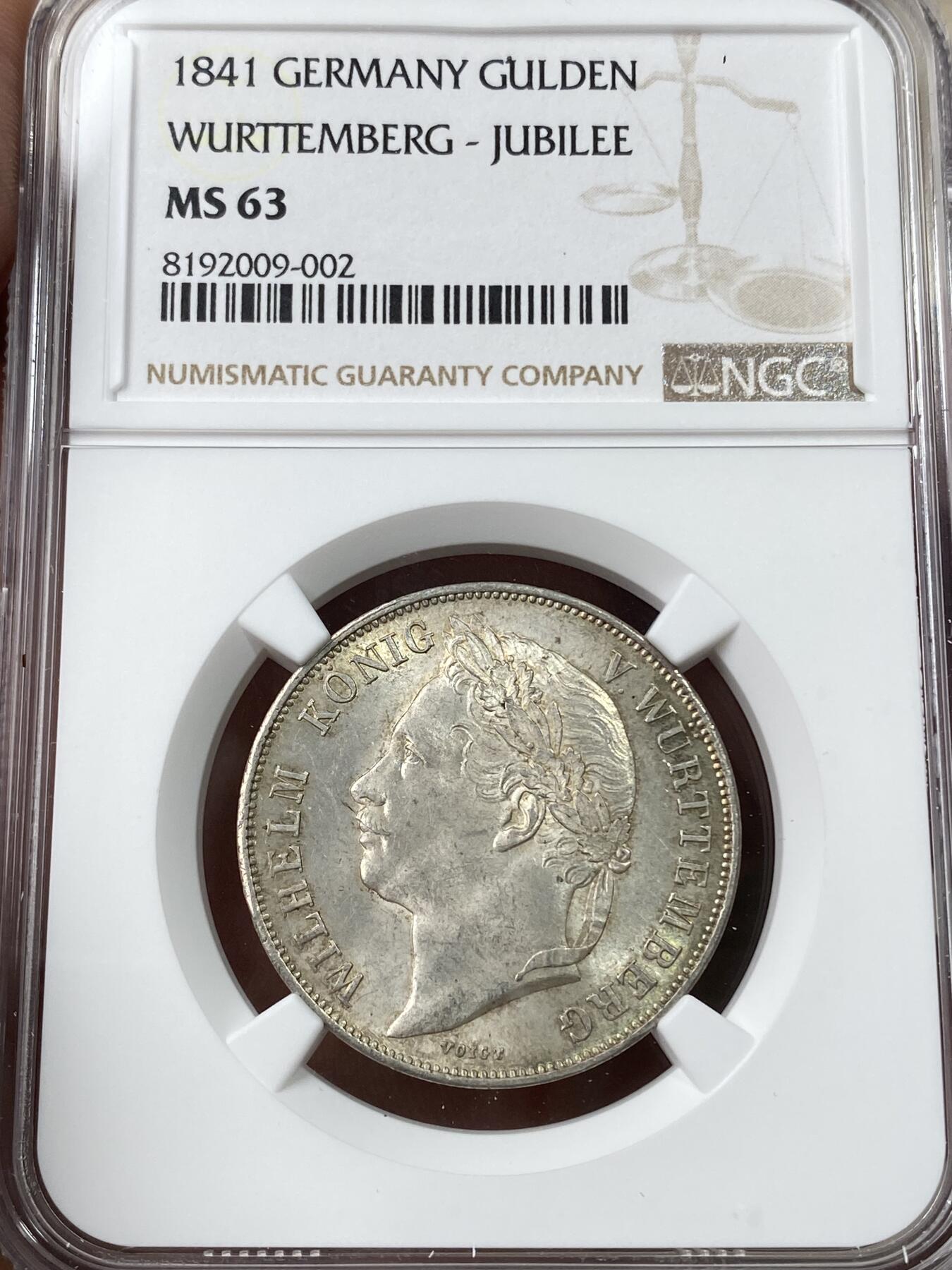 万国钱币拍卖第049期（万国夏季大拍） NGC MS63 1841年德国符腾堡威廉一世登基25周年纪念古尔登 原味淡金彩环环绕收藏级 仅铸造6236枚
