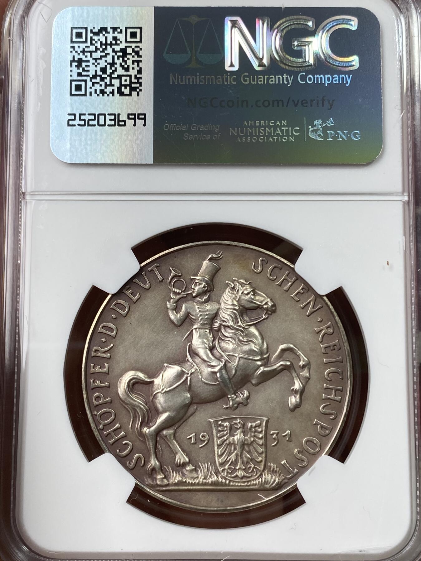 万国钱币拍卖第049期（万国夏季大拍） NGC MS62 1931年德国帝国邮政总长海因里希·冯·斯蒂芬诞辰纪念大银章 卡尔哥茨名作之一 36MM 罕见品种