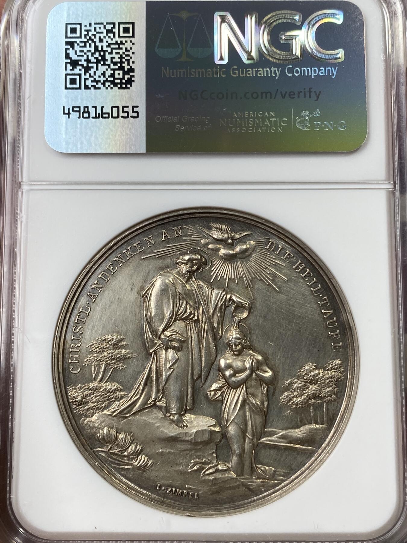 万国钱币拍卖第049期（万国夏季大拍） NGC UNCD 二十世纪初奥地利新教受洗洗礼纪念大银章 耶稣在约旦河受洗 环彩宗教系列名品 刻画非常精细 24g 42mm