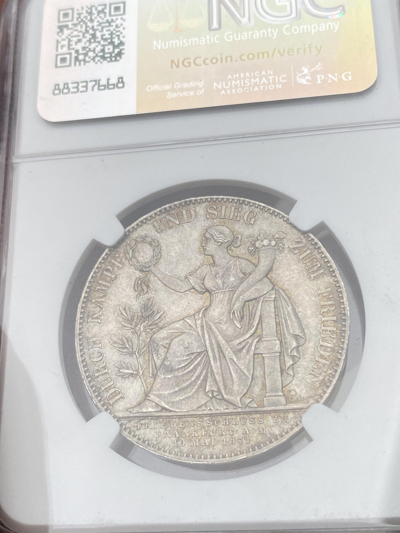 万国钱币拍卖第049期（万国夏季大拍） NGC MS65 1871年德国巴伐利亚路德维希二世普法战争胜利泰勒 欧陆青灰色包浆 邮票光泽底板 顶级BU收藏级状态