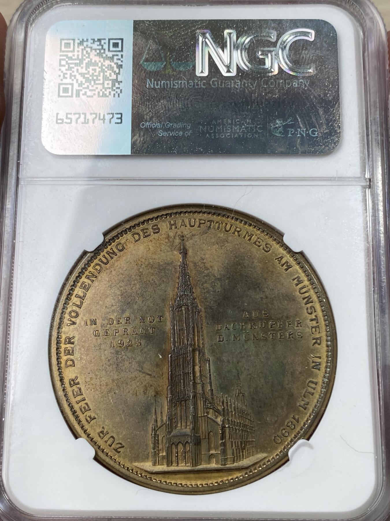 万国钱币拍卖第049期（万国夏季大拍） NGC MS63 1923年德国符腾堡乌尔姆大教堂纪念铜章 天鹅绒彩原味倒影包浆