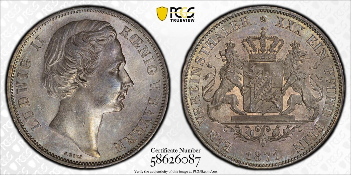 万国钱币拍卖第049期（万国夏季大拍） PCGS AU58 1871年德国巴伐利亚路德维希二世双狮护盾流通1泰勒 罕见的J.Ries版胜利泰勒头像 区别之前的G.Voigt版头像 可以说是路二1泰勒中最难的一版 原味欧陆纸袋包浆 欧拍价格非常猛烈的罕见品种
