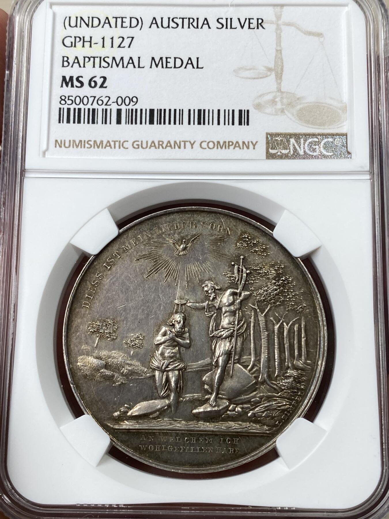 万国钱币拍卖第049期（万国夏季大拍） NGC MS62 19世纪奥地利洗礼纪念大银章 正面为耶稣在约旦河受洗 背面小天使手持盾徽未签名未使用款原味极美