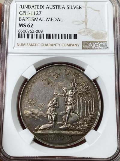 万国钱币拍卖第049期（万国夏季大拍） - NGC MS62 19世纪奥地利洗礼纪念大银章 正面为耶稣在约旦河受洗 背面小天使手持盾徽未签名未使用款原味极美