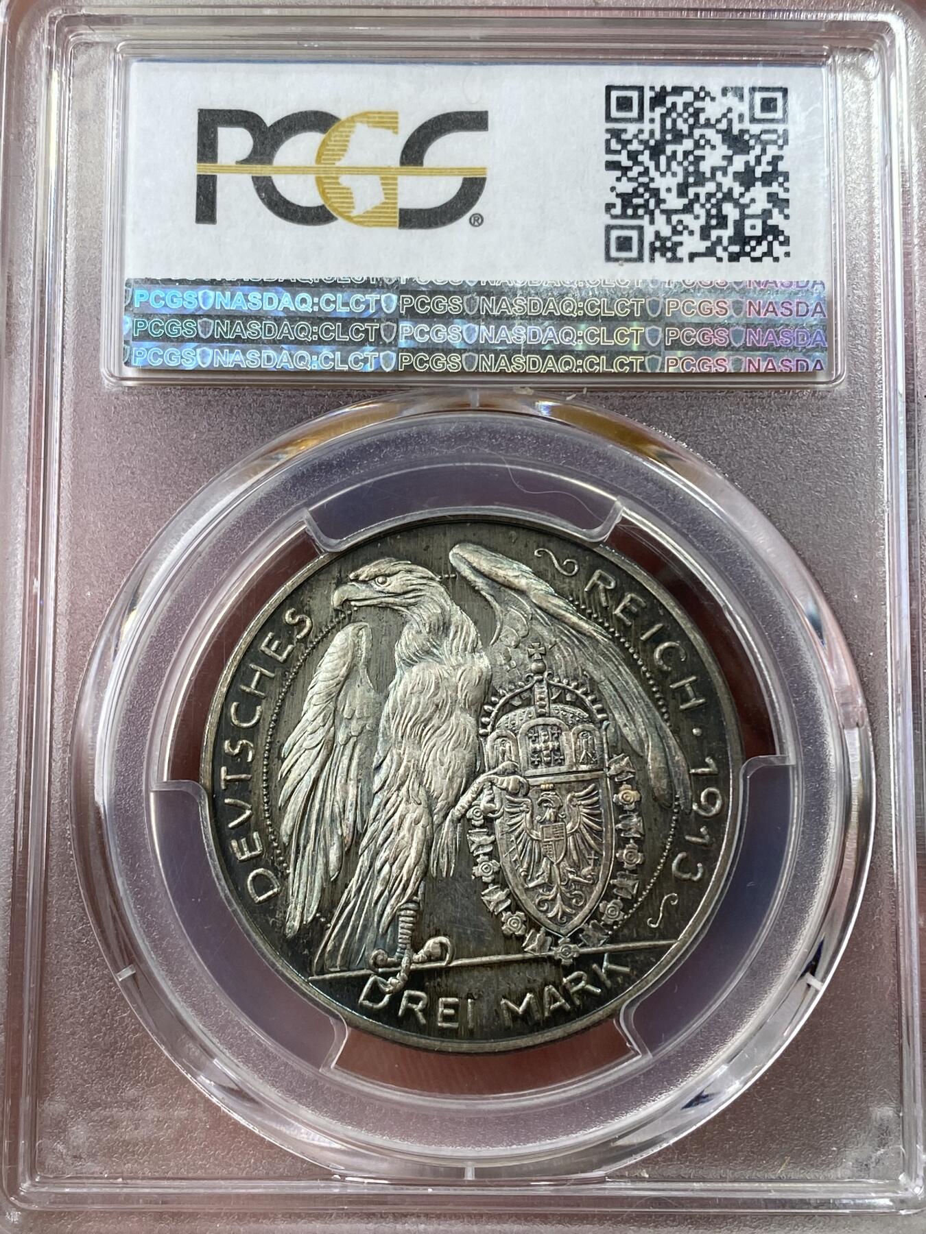 万国钱币拍卖第049期（万国夏季大拍） PCGS SP65 1913年德国巴伐利亚路德维希三世银质3马克样币 卡尔哥茨倾力之作 银质罕见 慕尼黑造币厂铸 帝国鹰雄壮霸气 顶级孔雀蓝幻彩沁人心脾