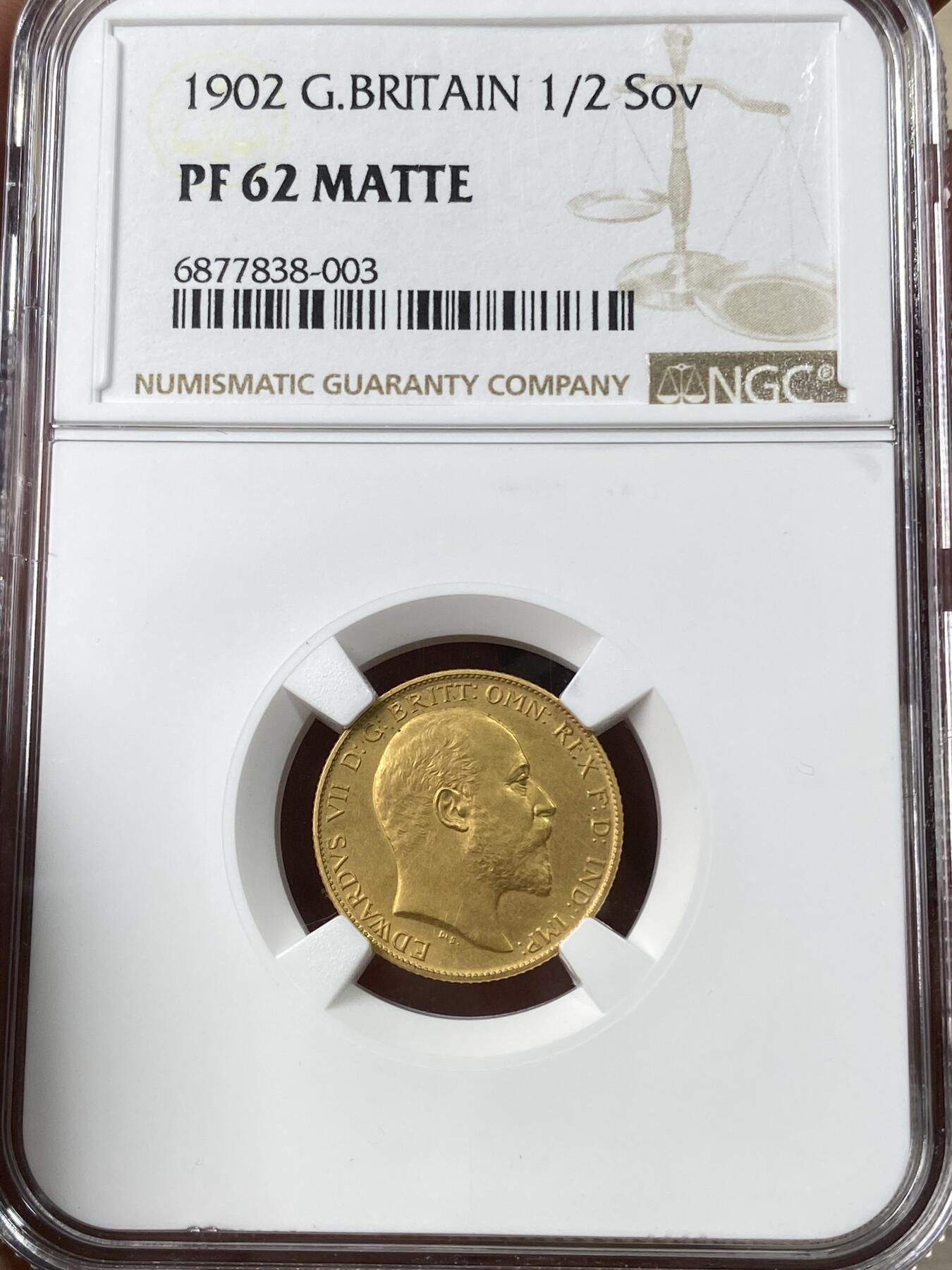 万国钱币拍卖第049期（万国夏季大拍） NGC PF62 1902英国爱德华七世精制半索维林马剑金币 精制原味matte 3.99g 917金